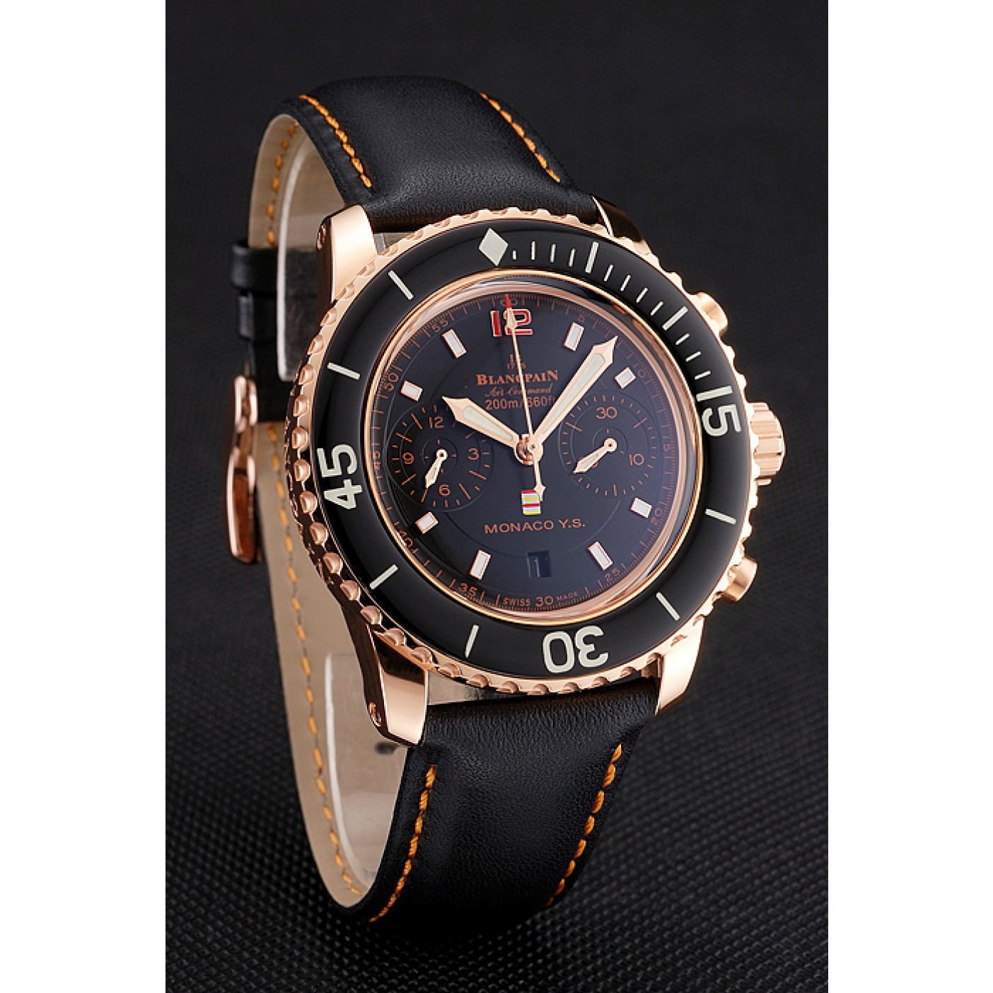 Swiss Blancpain Air Command Monaco YS Black Dial Rose Gold Case Black Leather Strap