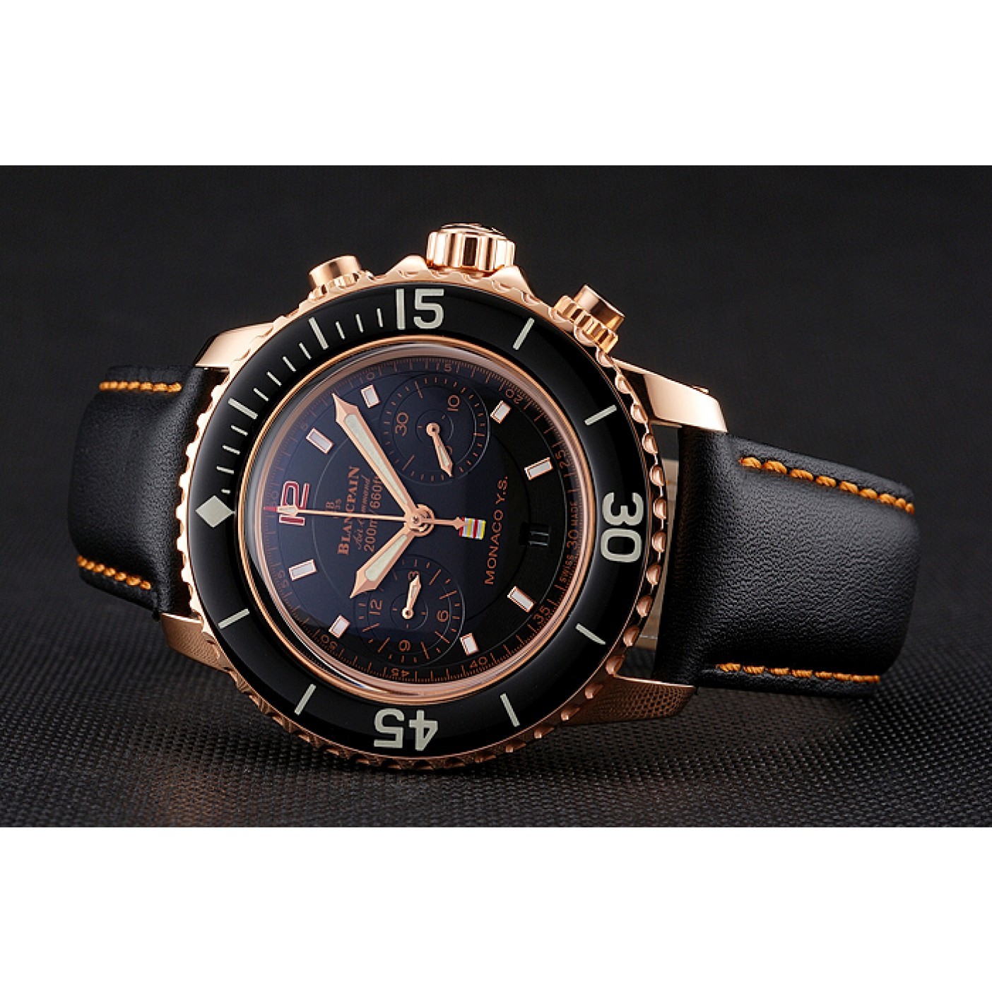 Swiss Blancpain Air Command Monaco YS Black Dial Rose Gold Case Black Leather Strap