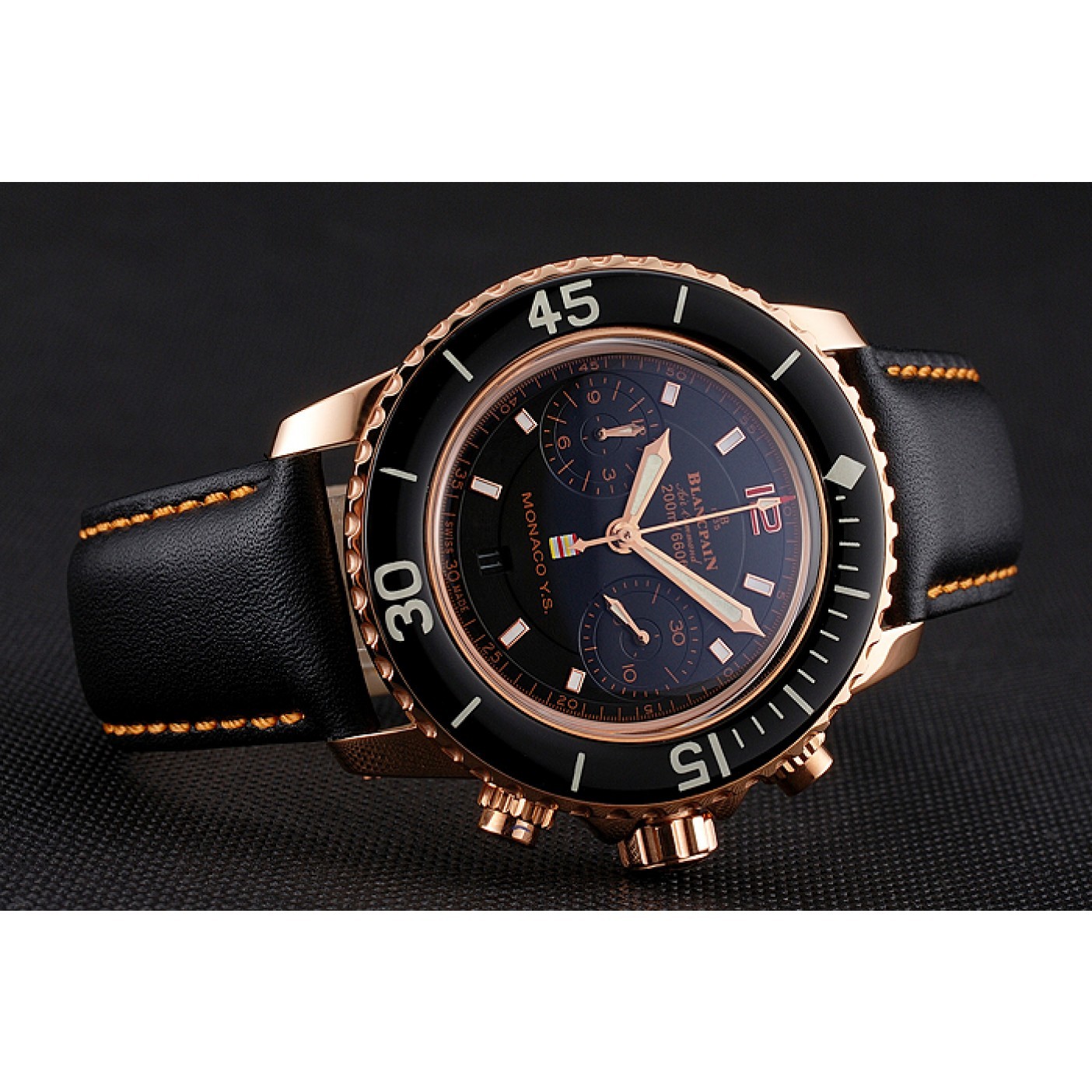 Swiss Blancpain Air Command Monaco YS Black Dial Rose Gold Case Black Leather Strap