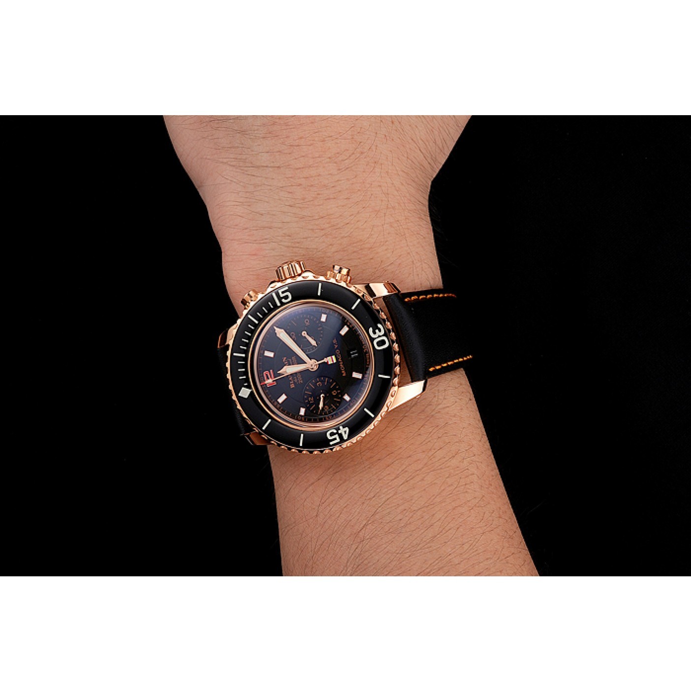 Swiss Blancpain Air Command Monaco YS Black Dial Rose Gold Case Black Leather Strap