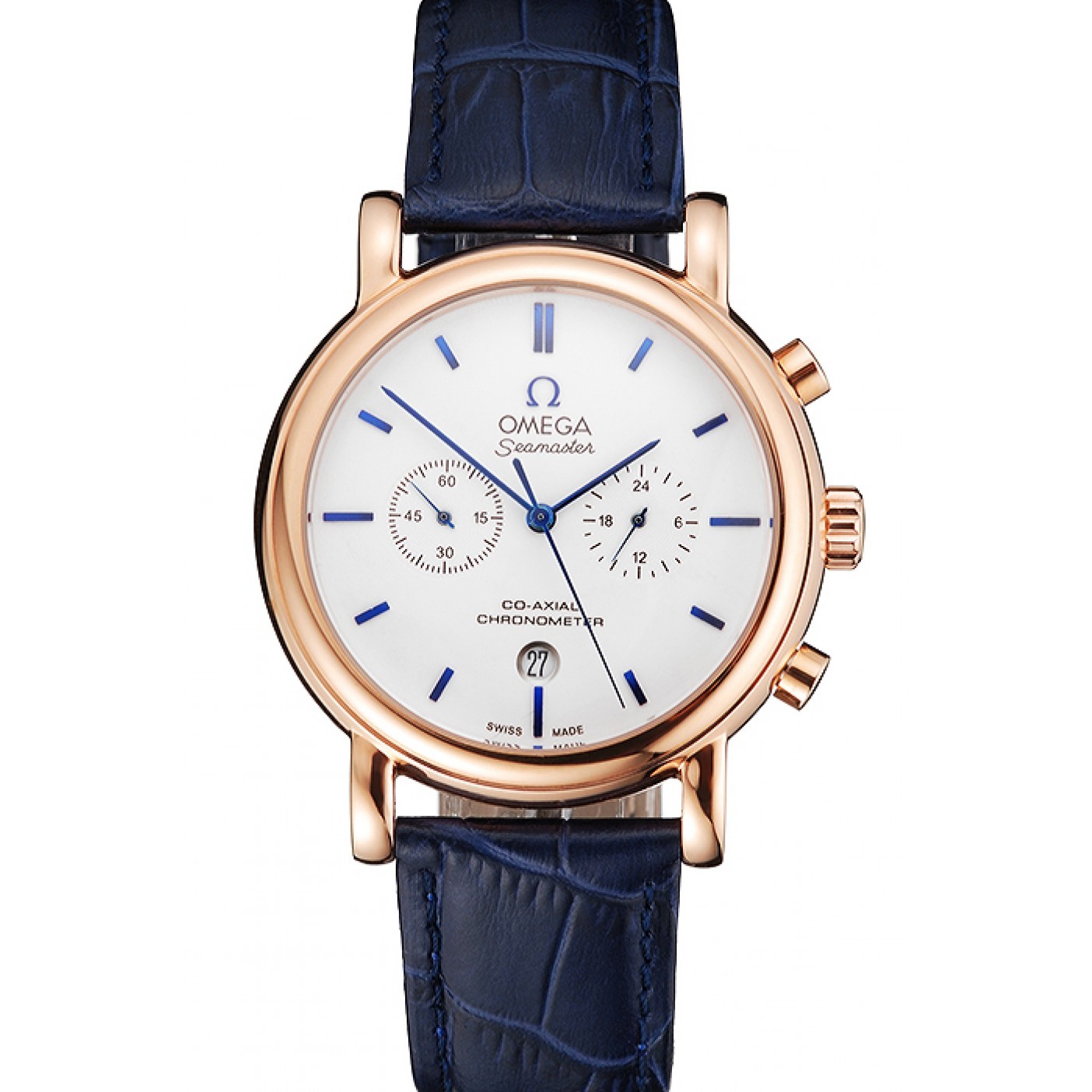 Omega Seamaster Vintage Chronograph White Dial Blue Hour Marks Rose Gold Case Blue Leather Strap