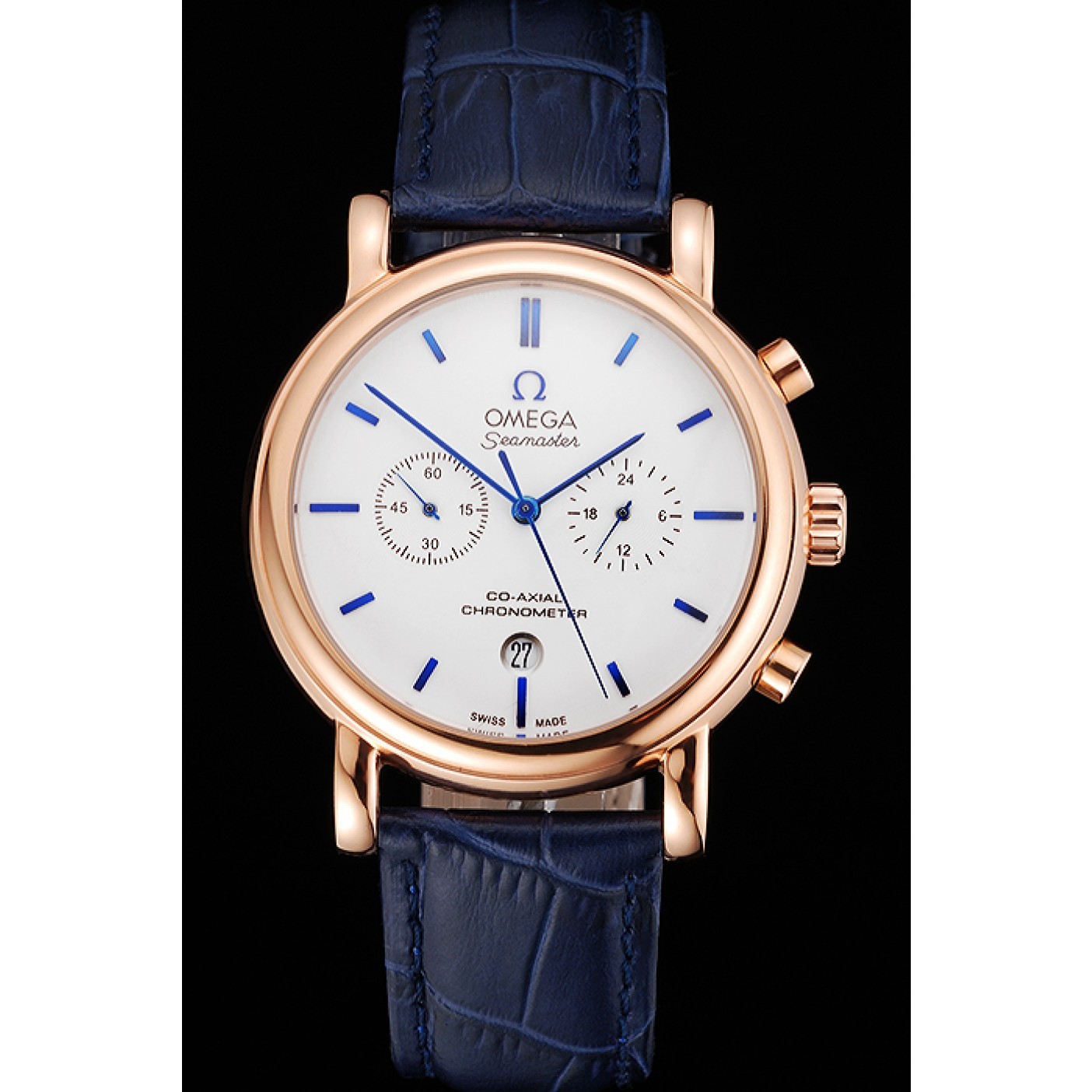 Omega Seamaster Vintage Chronograph White Dial Blue Hour Marks Rose Gold Case Blue Leather Strap