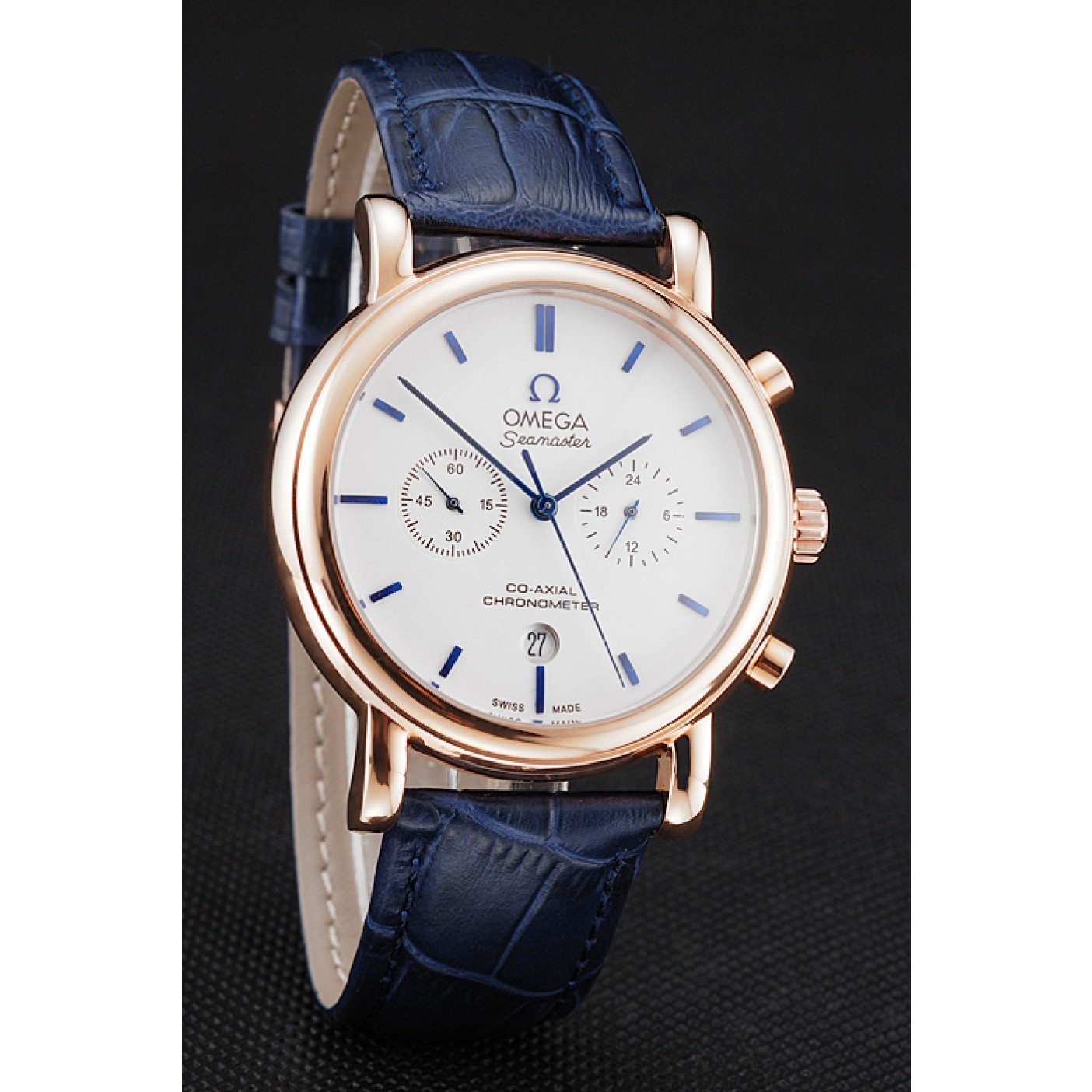 Omega Seamaster Vintage Chronograph White Dial Blue Hour Marks Rose Gold Case Blue Leather Strap