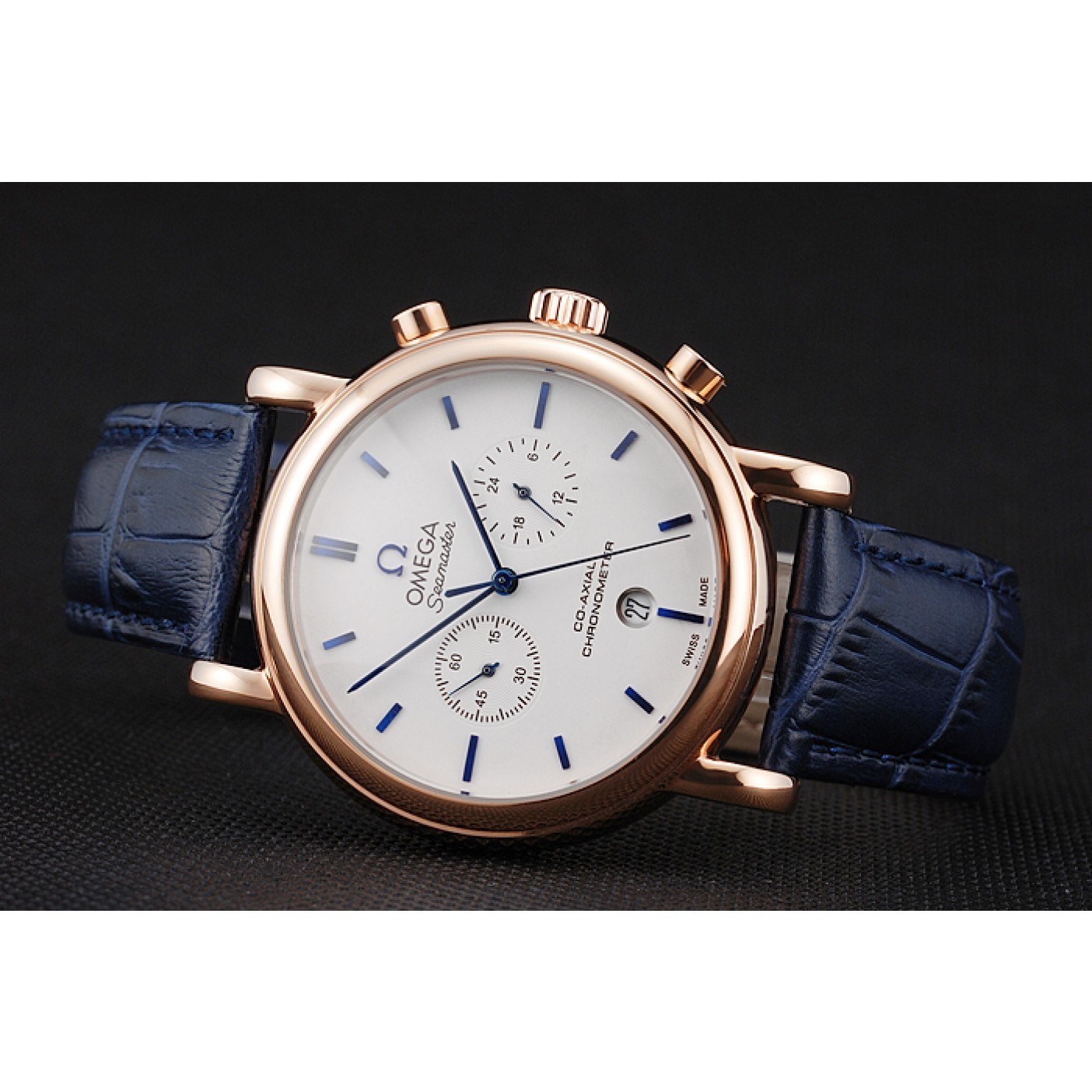 Omega Seamaster Vintage Chronograph White Dial Blue Hour Marks Rose Gold Case Blue Leather Strap