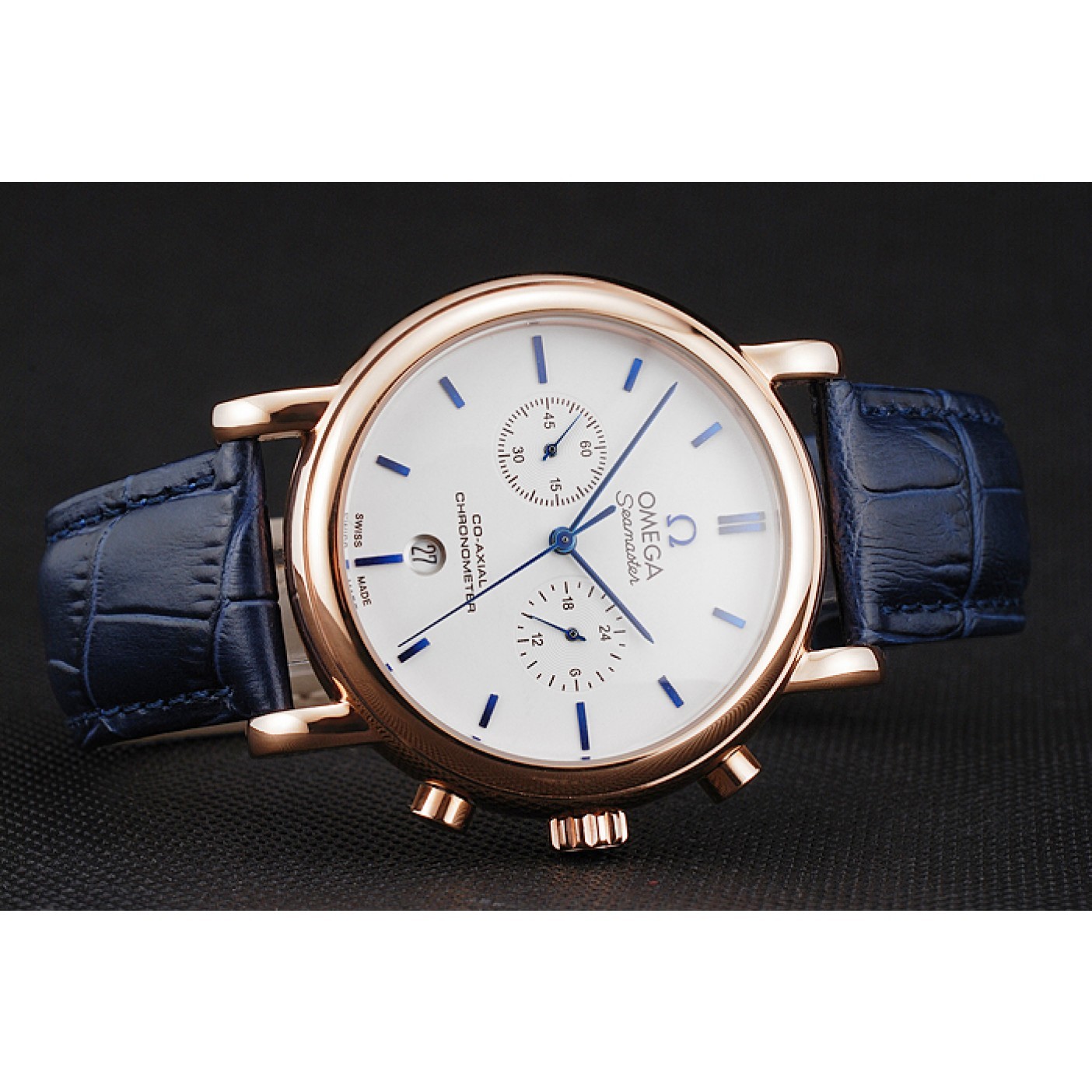 Omega Seamaster Vintage Chronograph White Dial Blue Hour Marks Rose Gold Case Blue Leather Strap