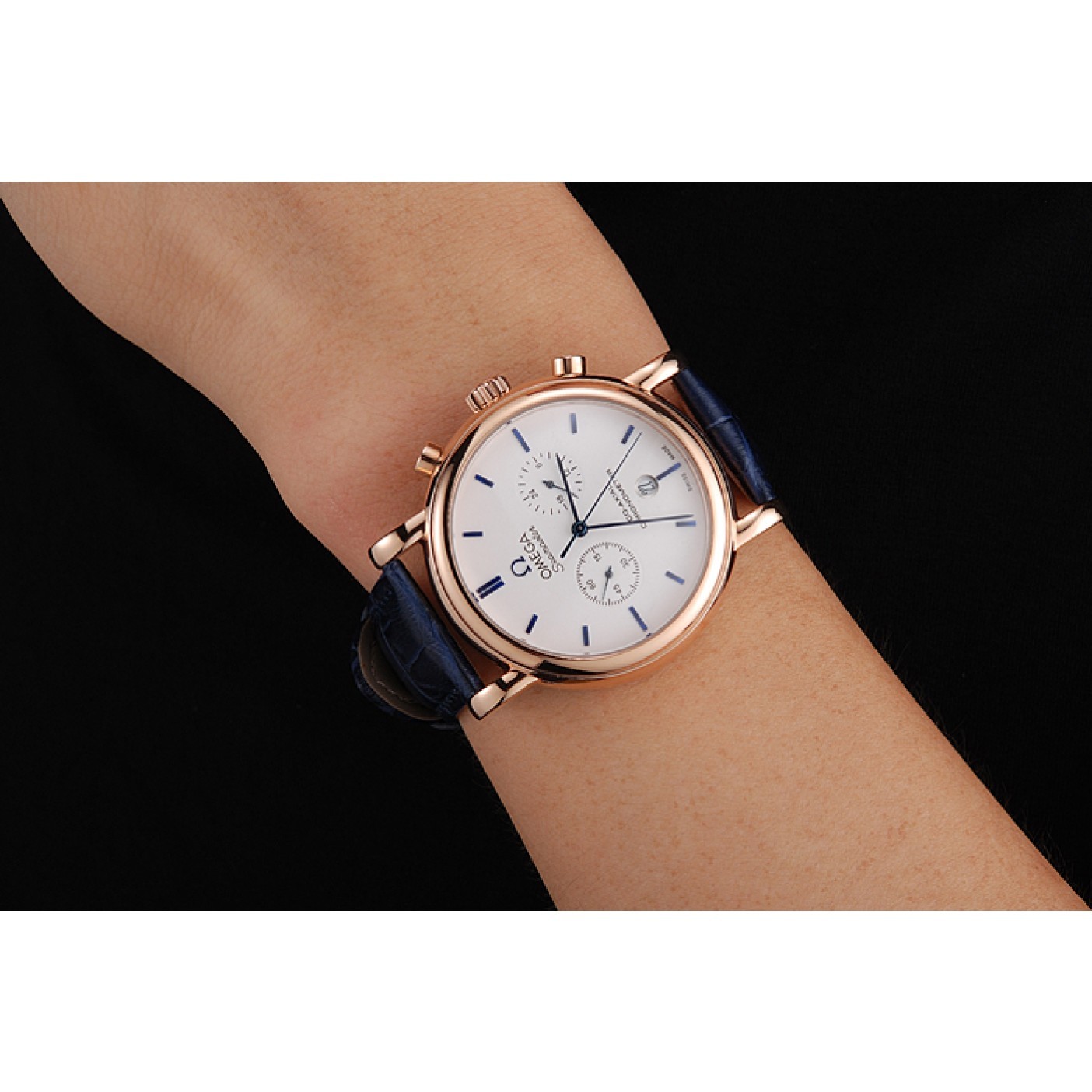 Omega Seamaster Vintage Chronograph White Dial Blue Hour Marks Rose Gold Case Blue Leather Strap