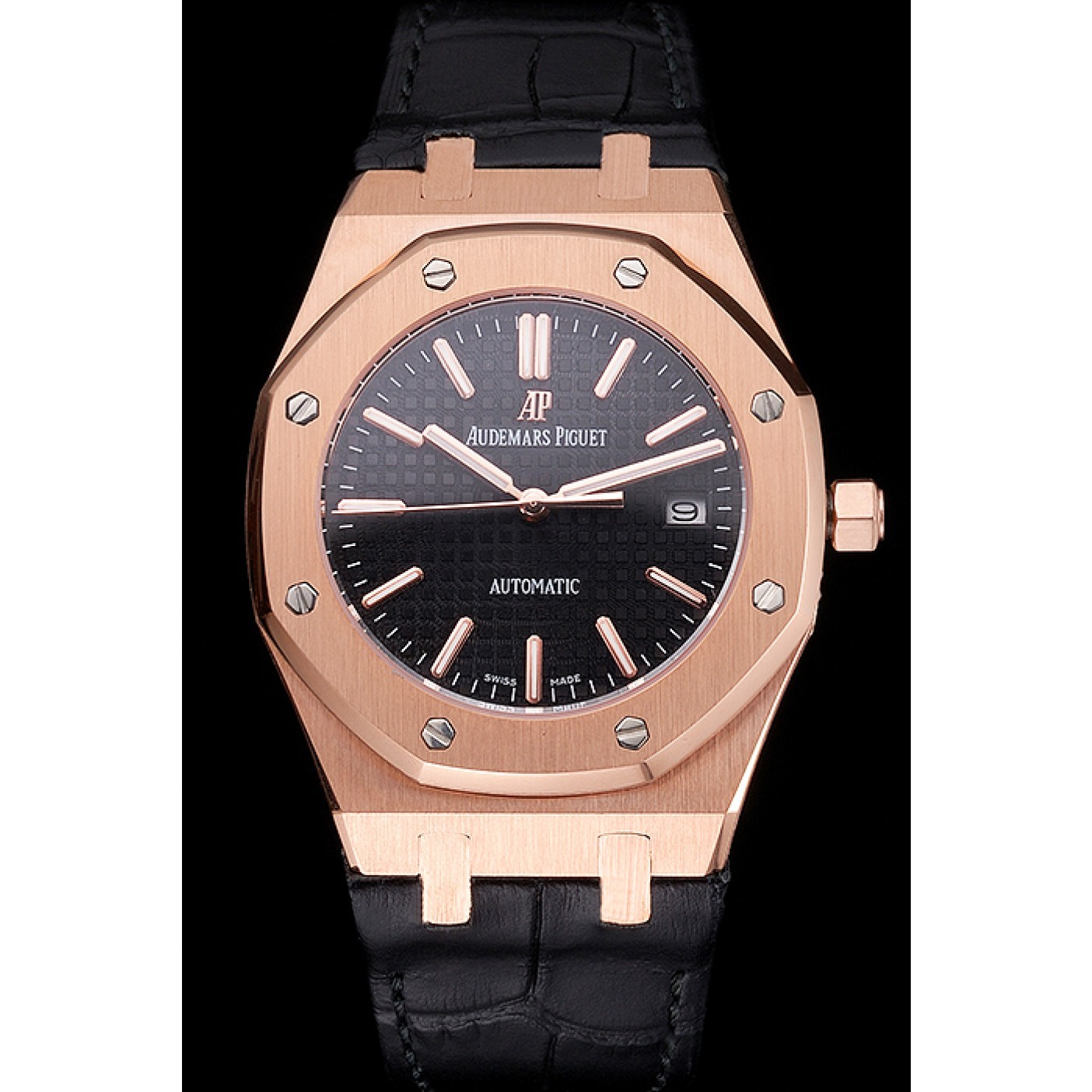 Swiss Audemars Piguet Royal Oak Black Dial Gold Case Black Leather Strap