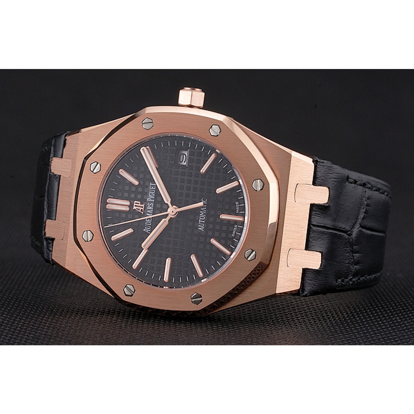 Swiss Audemars Piguet Royal Oak Black Dial Gold Case Black Leather Strap