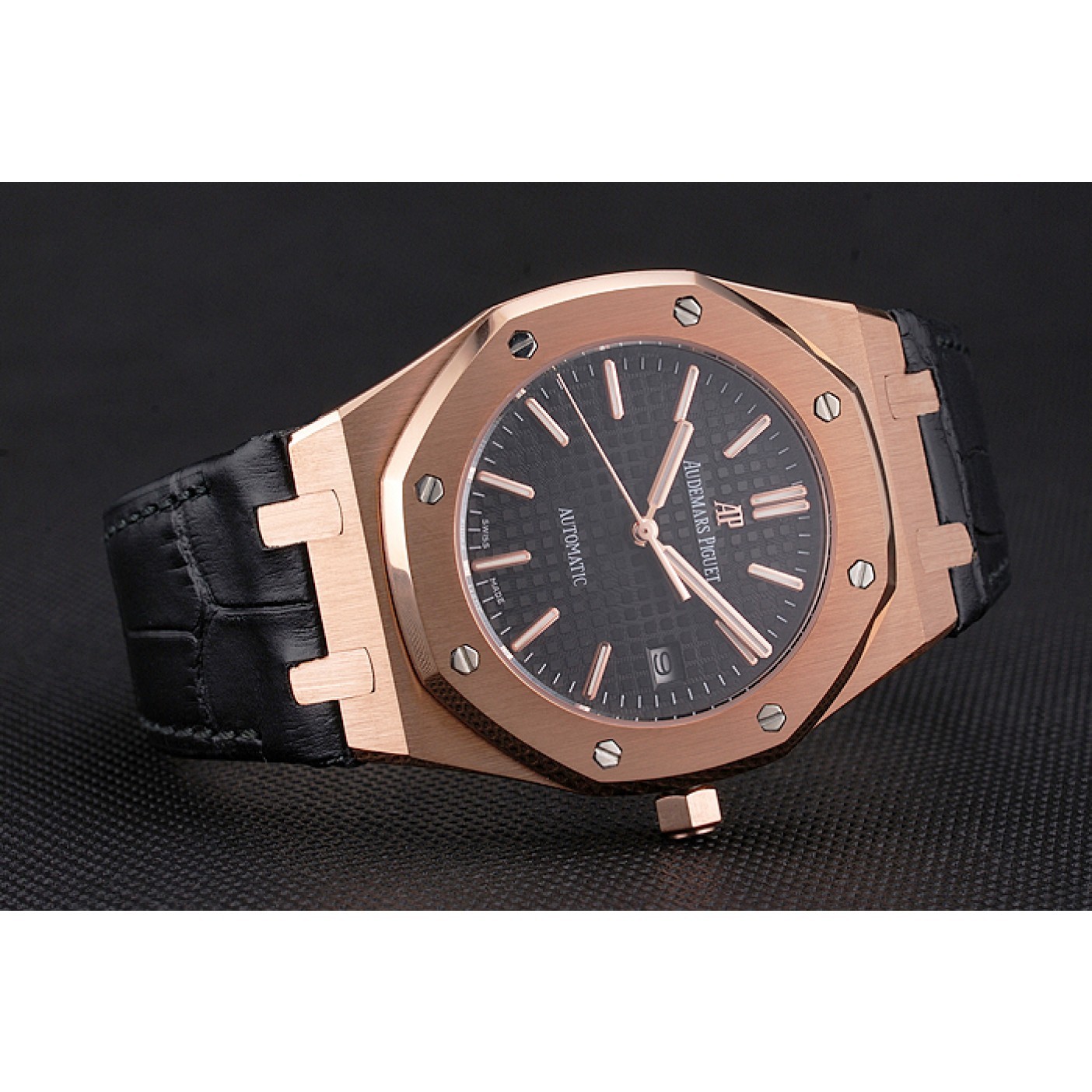 Swiss Audemars Piguet Royal Oak Black Dial Gold Case Black Leather Strap