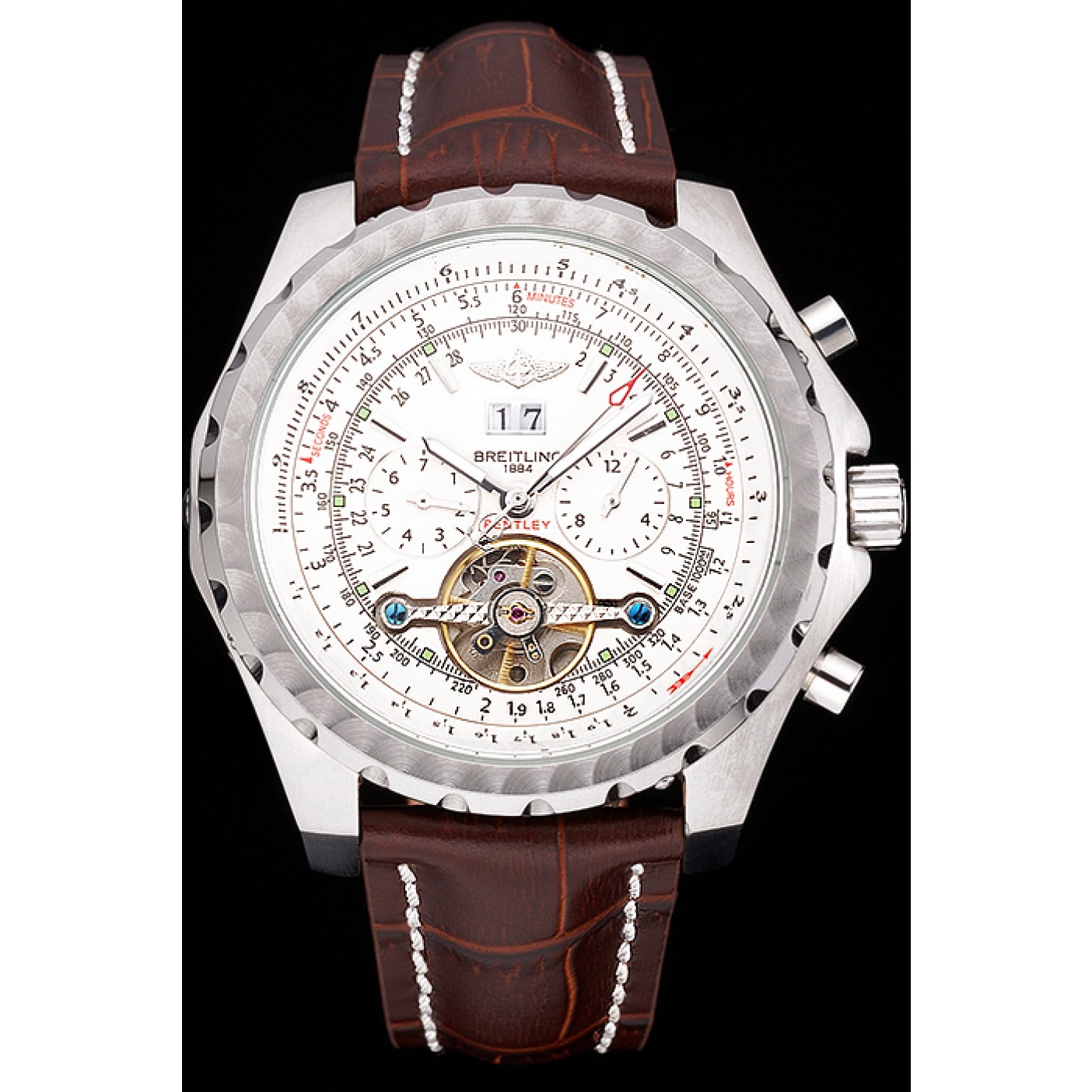 Breitling Bentley Mulliner Tourbillon White Dial Stainless Steel Case Brown Leather Strap 622729