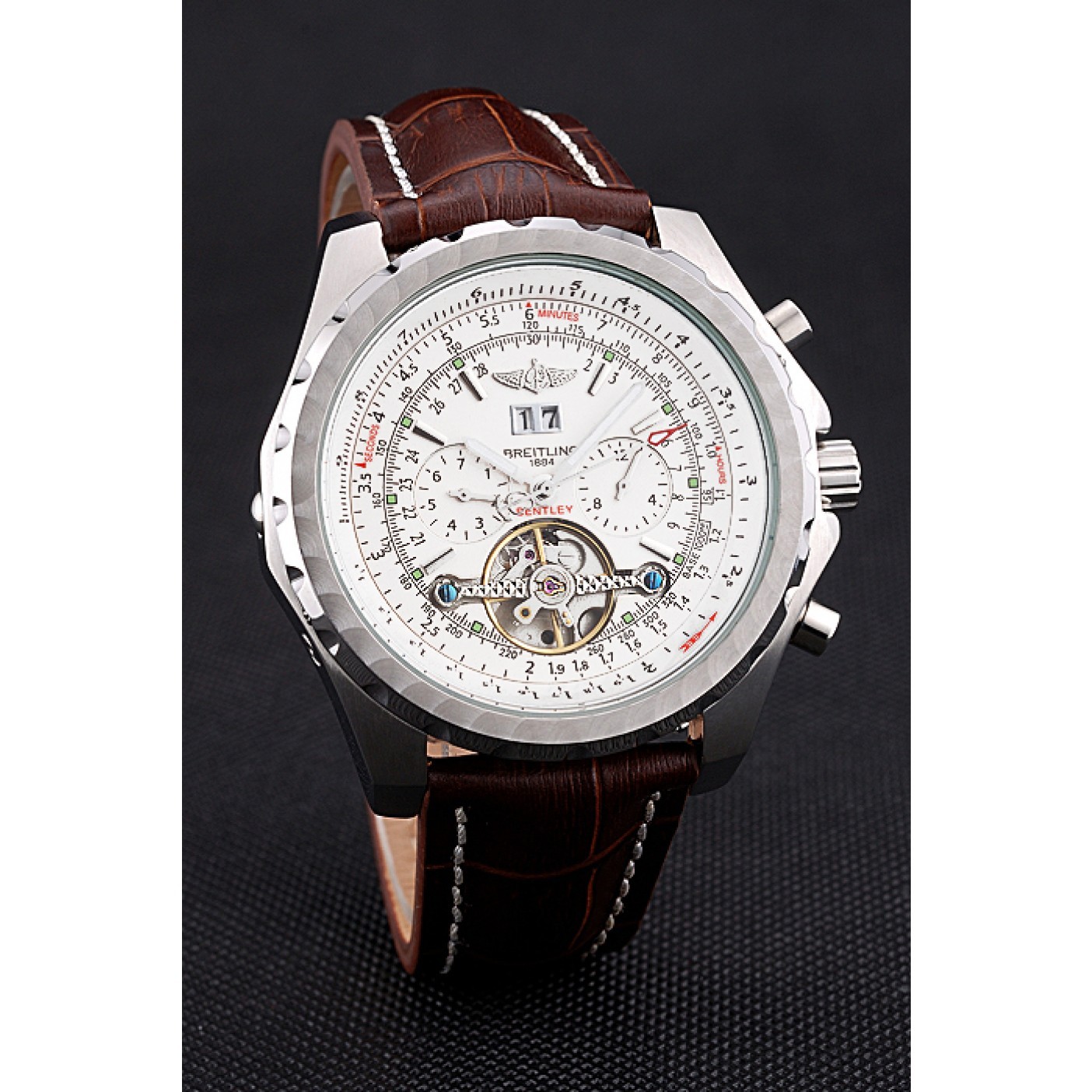 Breitling Bentley Mulliner Tourbillon White Dial Stainless Steel Case Brown Leather Strap 622729