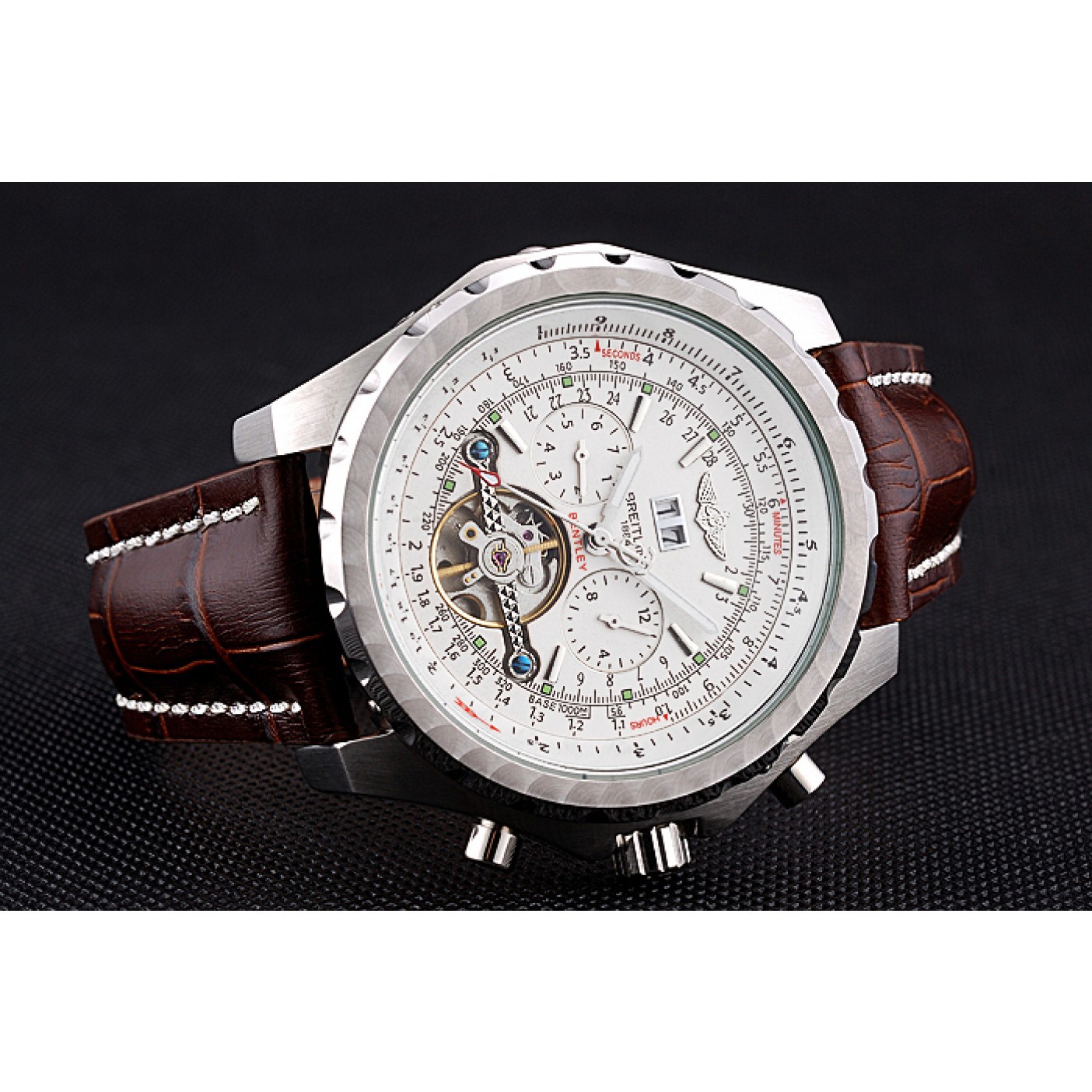 Breitling Bentley Mulliner Tourbillon White Dial Stainless Steel Case Brown Leather Strap 622729