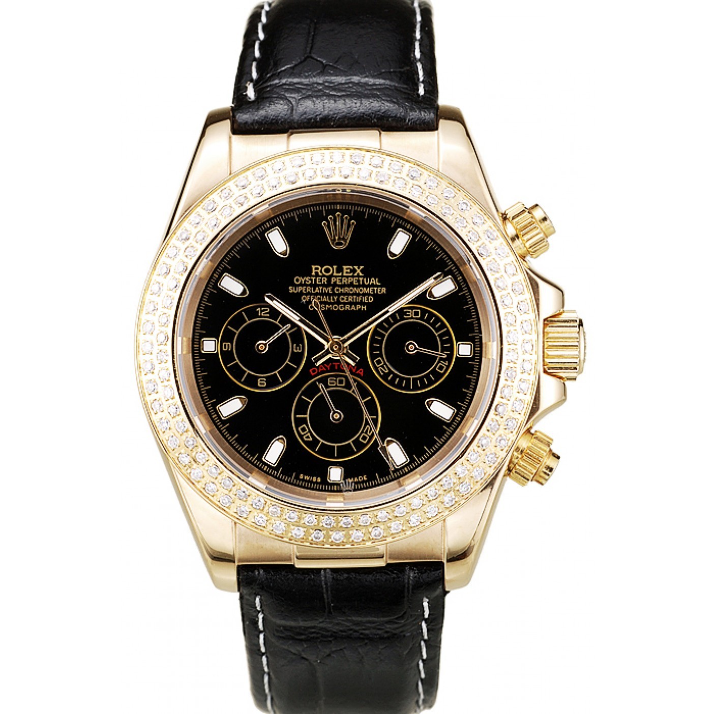 RepTime Watches Rolex Daytona Gold Case Crystal Studded Bezel Black Dial