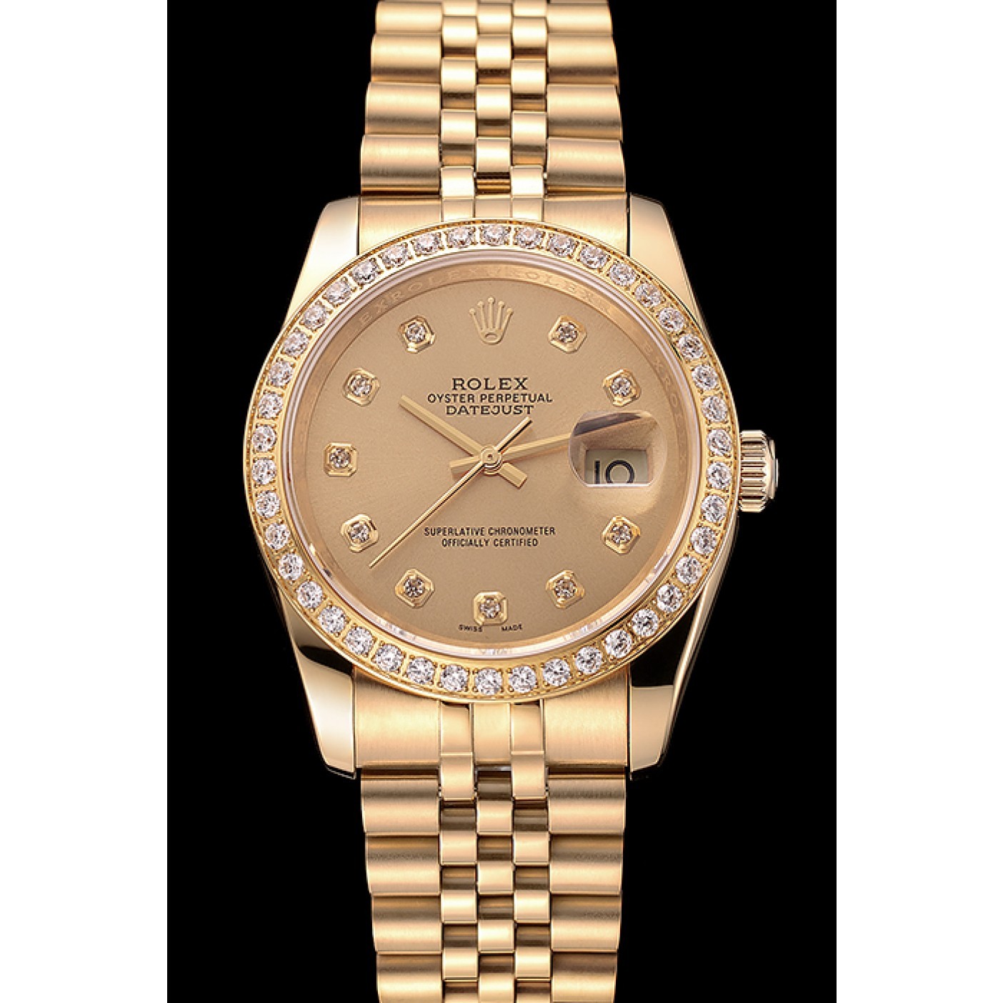 RepTime Watches Swiss Rolex Datejust Champagne Dial Diamond Bezel Gold Jubilee Bracelet 1454098