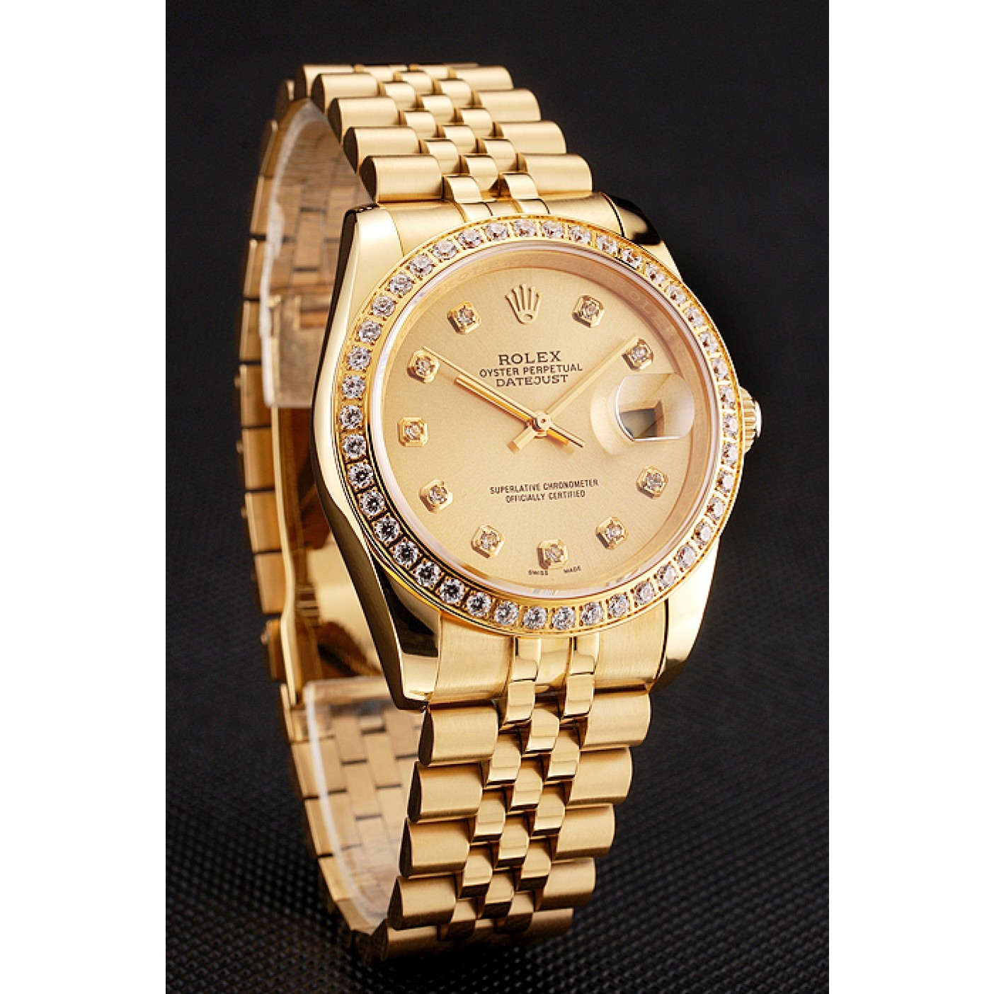 RepTime Watches Swiss Rolex Datejust Champagne Dial Diamond Bezel Gold Jubilee Bracelet 1454098