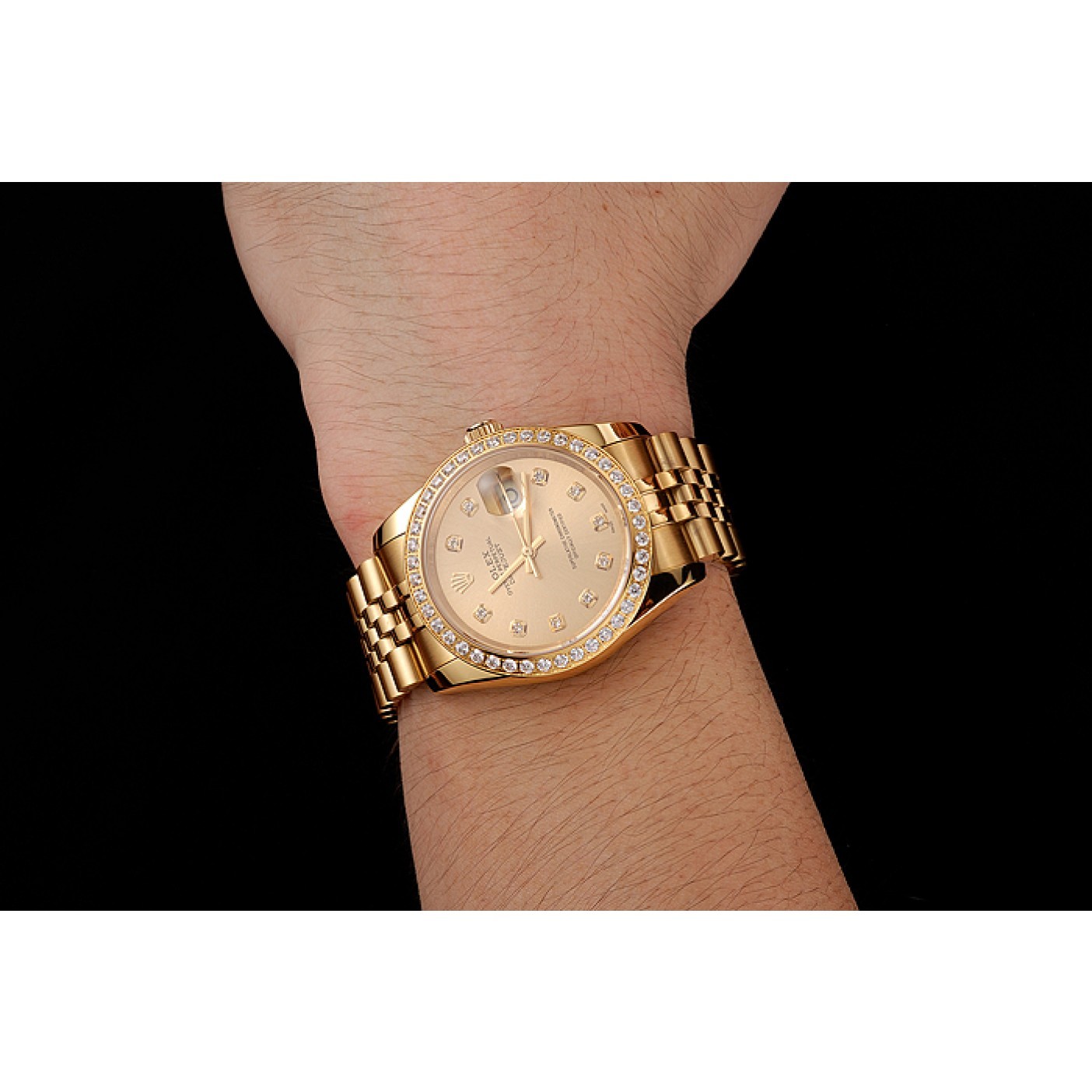 RepTime Watches Swiss Rolex Datejust Champagne Dial Diamond Bezel Gold Jubilee Bracelet 1454098