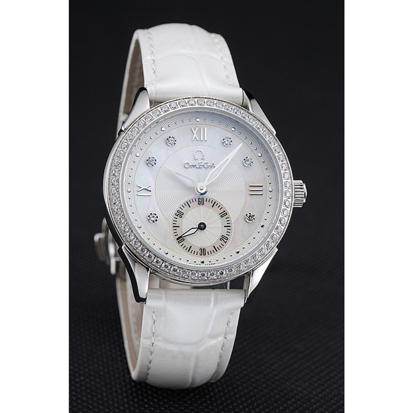 Omega DeVille Prestige White Dial Silver Diamond Case White Leather Bracelet 1454119