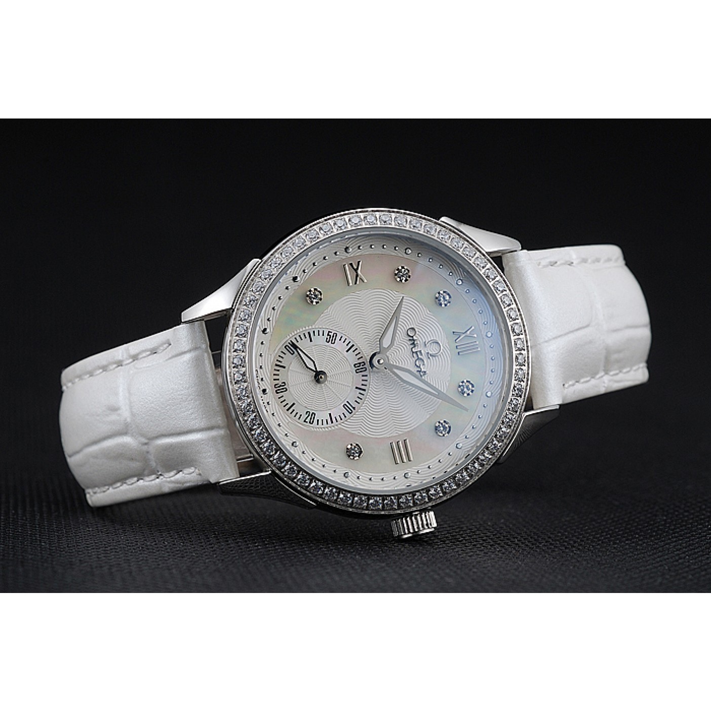 Omega DeVille Prestige White Dial Silver Diamond Case White Leather Bracelet 1454119