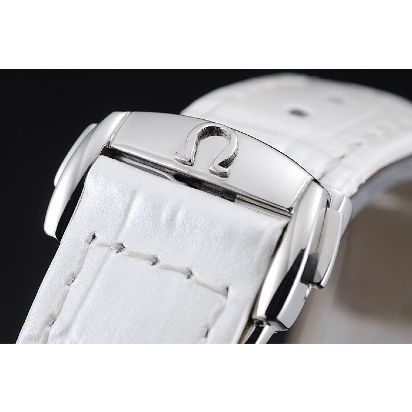 Omega DeVille Prestige White Dial Silver Diamond Case White Leather Bracelet 1454119