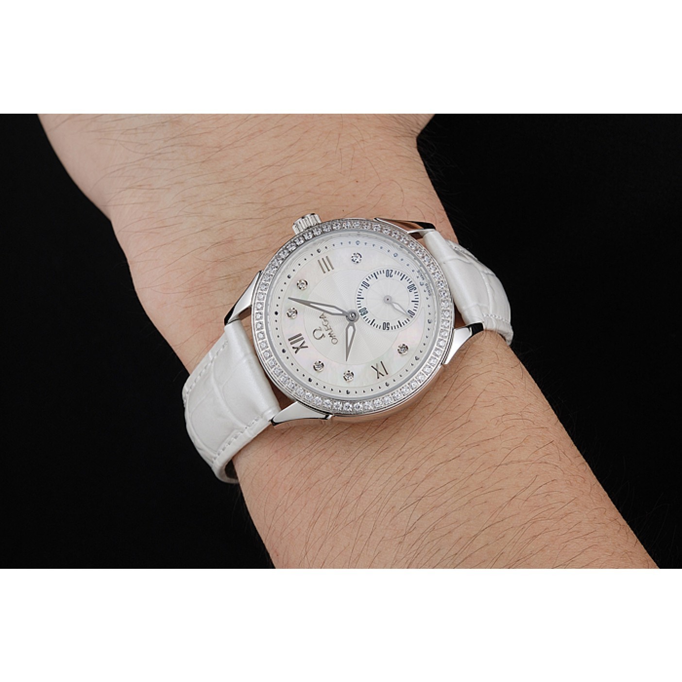 Omega DeVille Prestige White Dial Silver Diamond Case White Leather Bracelet 1454119