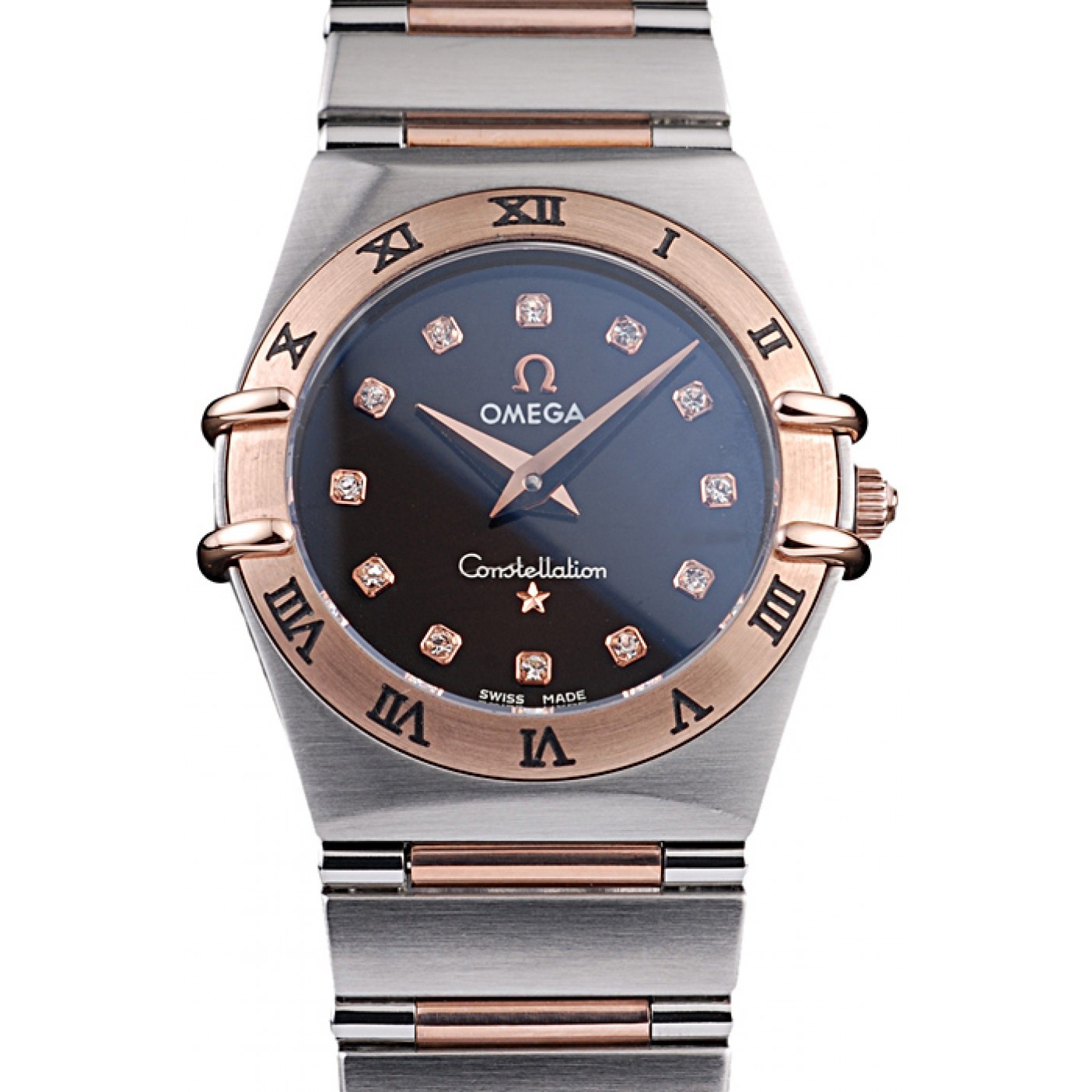 Omega Swiss Constellation Jewelry Rose Gold Case Black Dial 98114