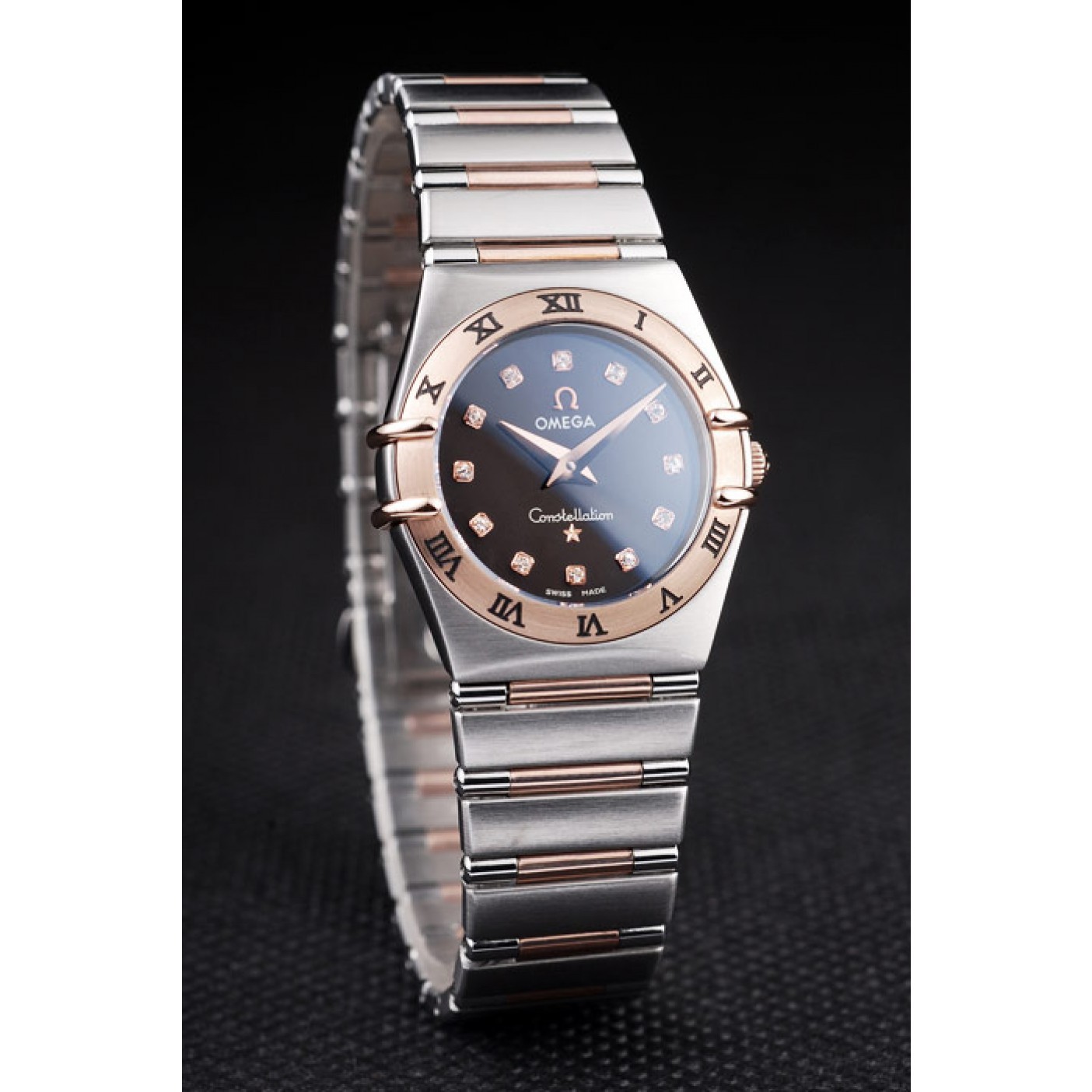 Omega Swiss Constellation Jewelry Rose Gold Case Black Dial 98114