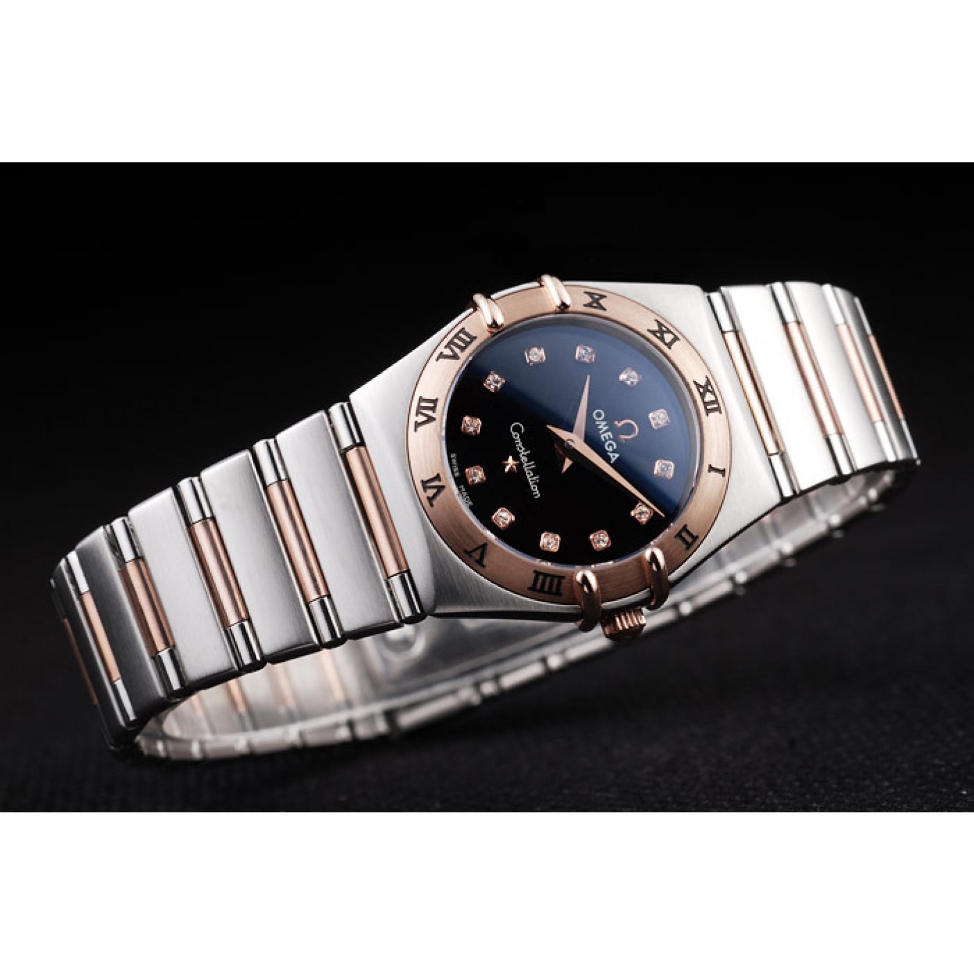 Omega Swiss Constellation Jewelry Rose Gold Case Black Dial 98114