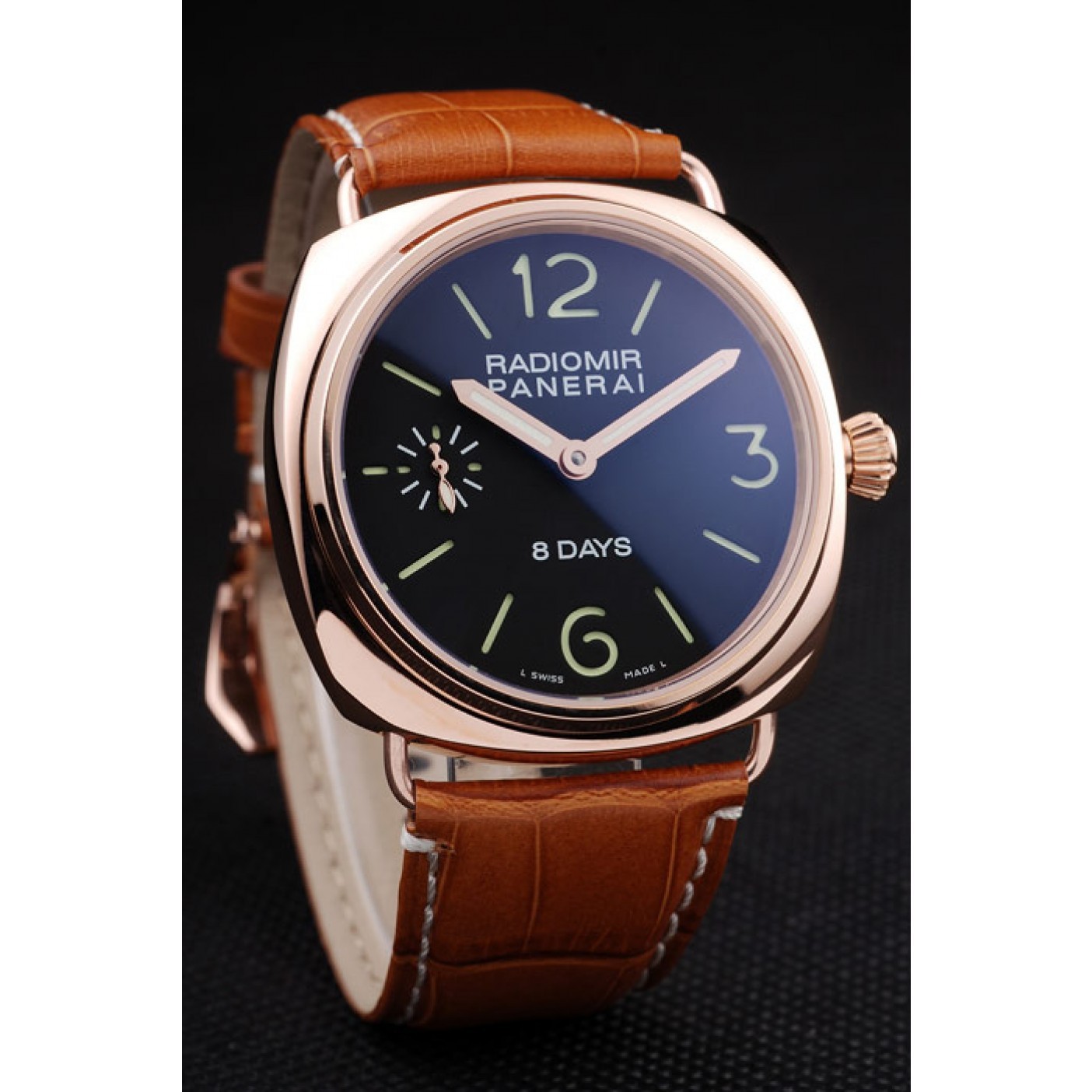 Panerai Radiomir Rose Gold Case Black Dial Brown Leather Strap 98136