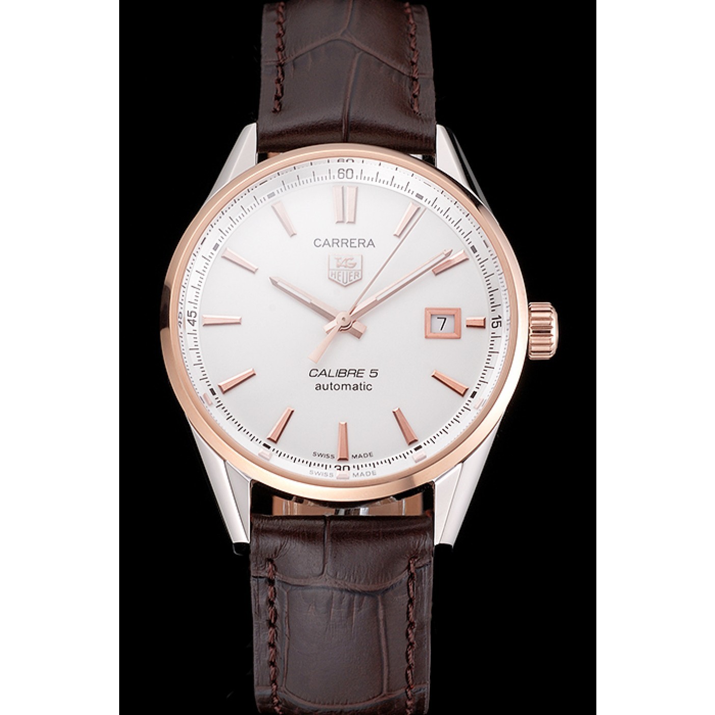 Swiss Tag Heuer Carrera Calibre 5 White Dial Rose Gold Case Brown Leather Strap