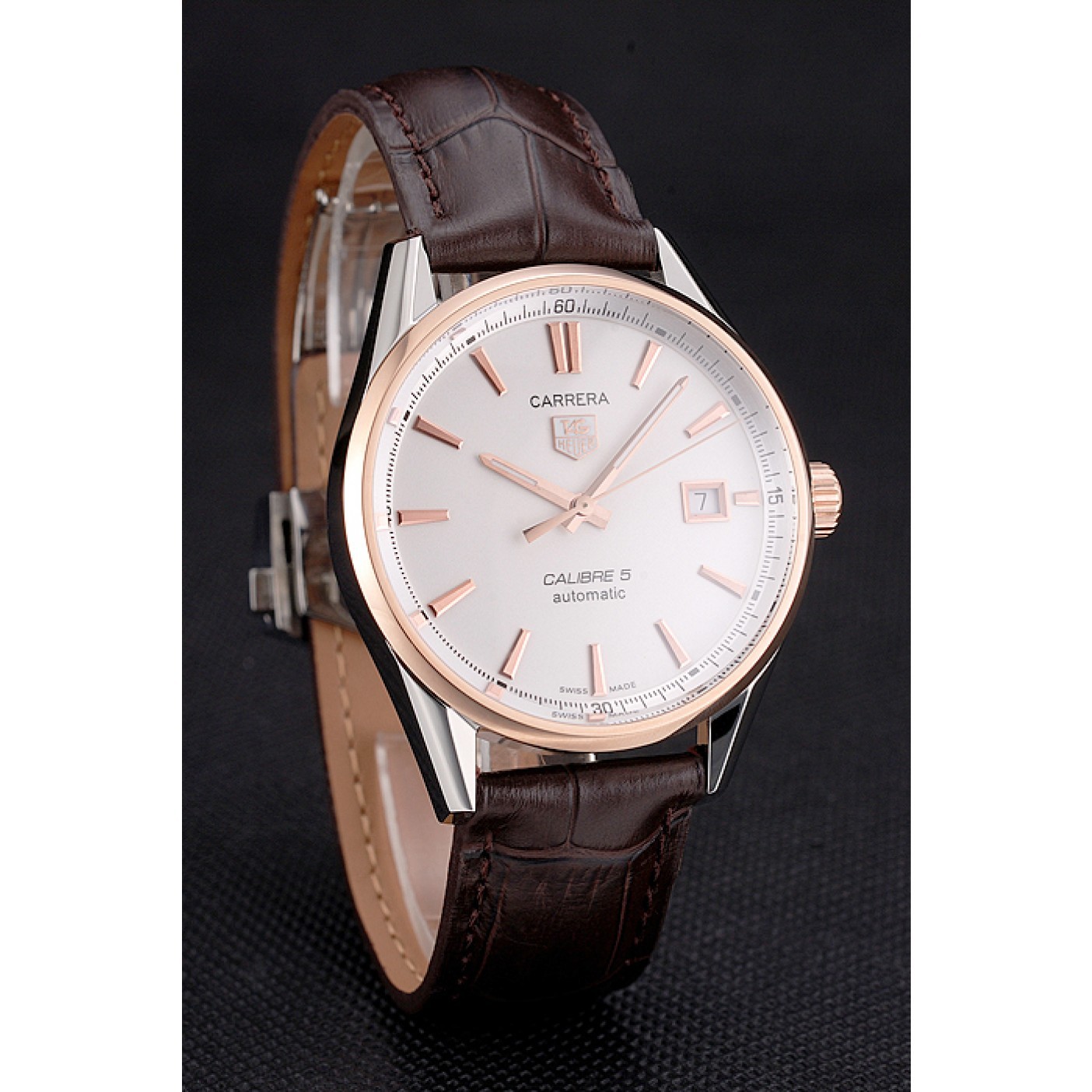 Swiss Tag Heuer Carrera Calibre 5 White Dial Rose Gold Case Brown Leather Strap