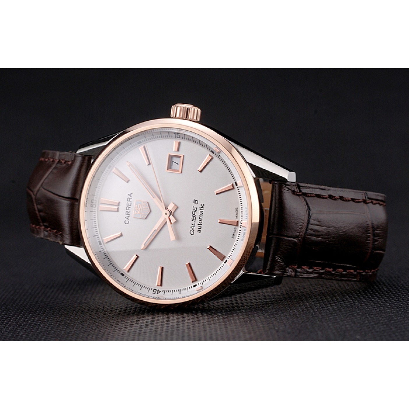 Swiss Tag Heuer Carrera Calibre 5 White Dial Rose Gold Case Brown Leather Strap