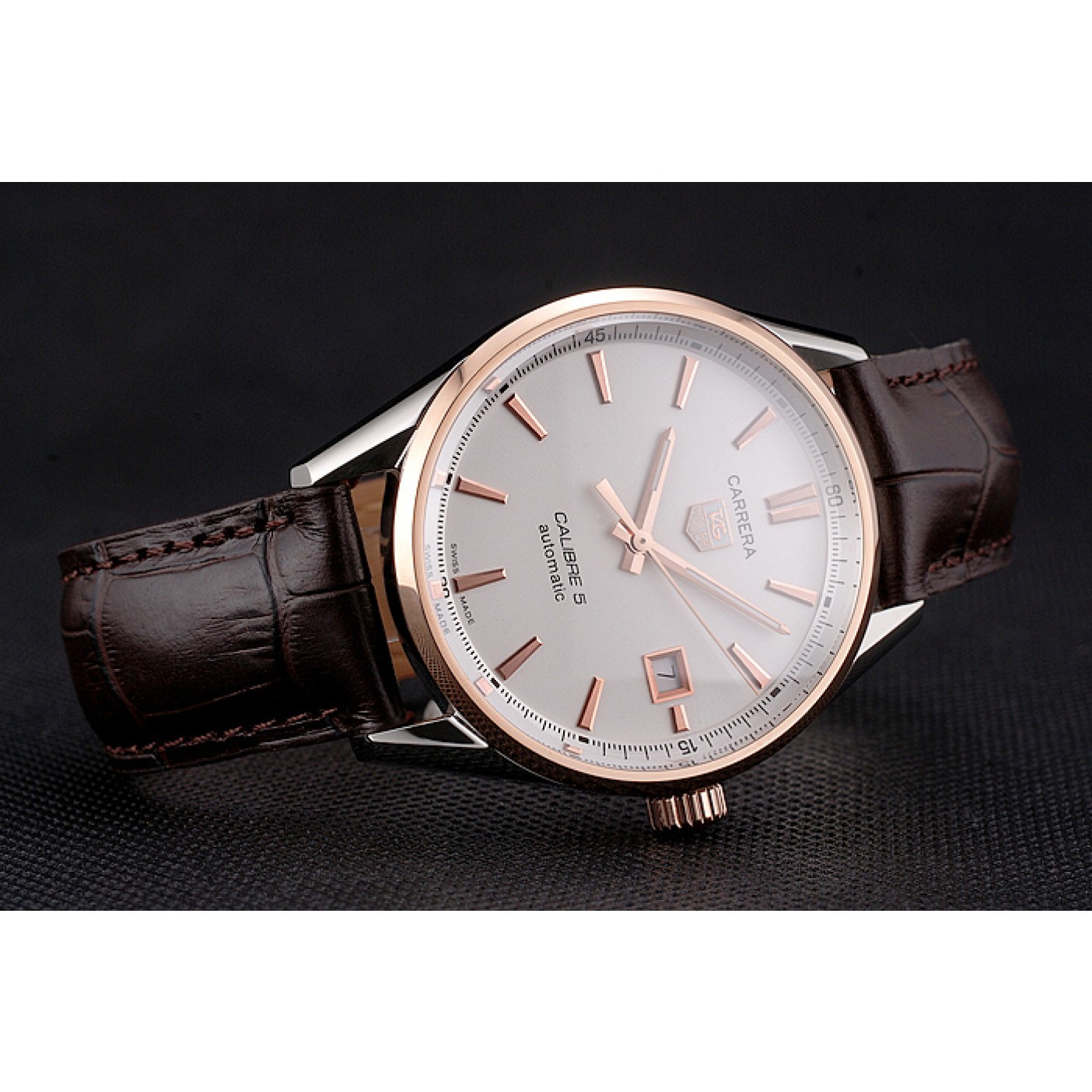 Swiss Tag Heuer Carrera Calibre 5 White Dial Rose Gold Case Brown Leather Strap