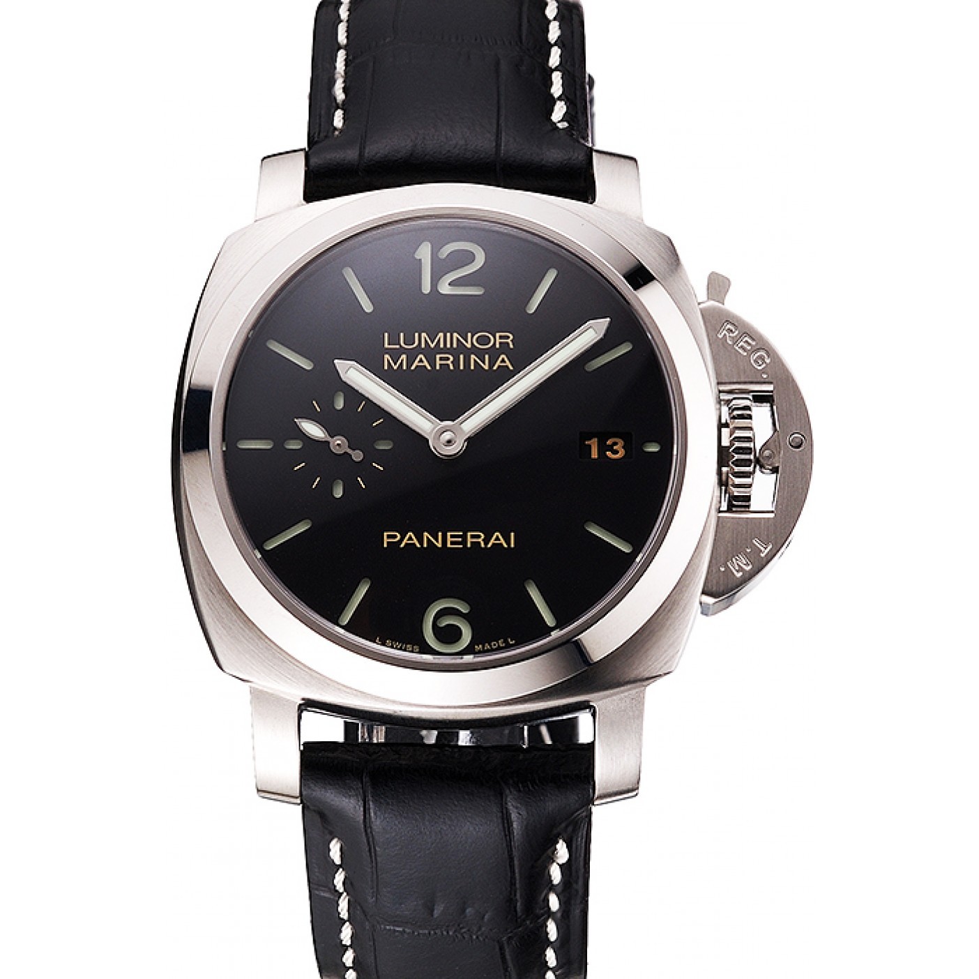 Swiss Panerai Luminor Marina Date Black Dial Stainless Steel Case Black Leather Strap