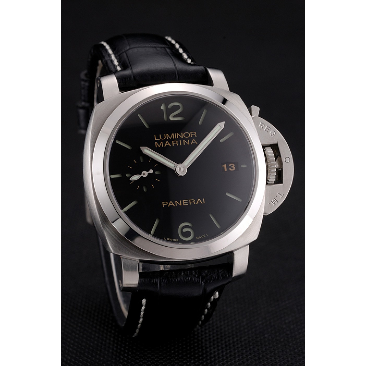 Swiss Panerai Luminor Marina Date Black Dial Stainless Steel Case Black Leather Strap