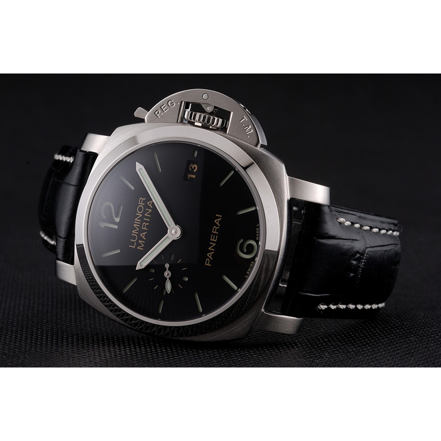 Swiss Panerai Luminor Marina Date Black Dial Stainless Steel Case Black Leather Strap