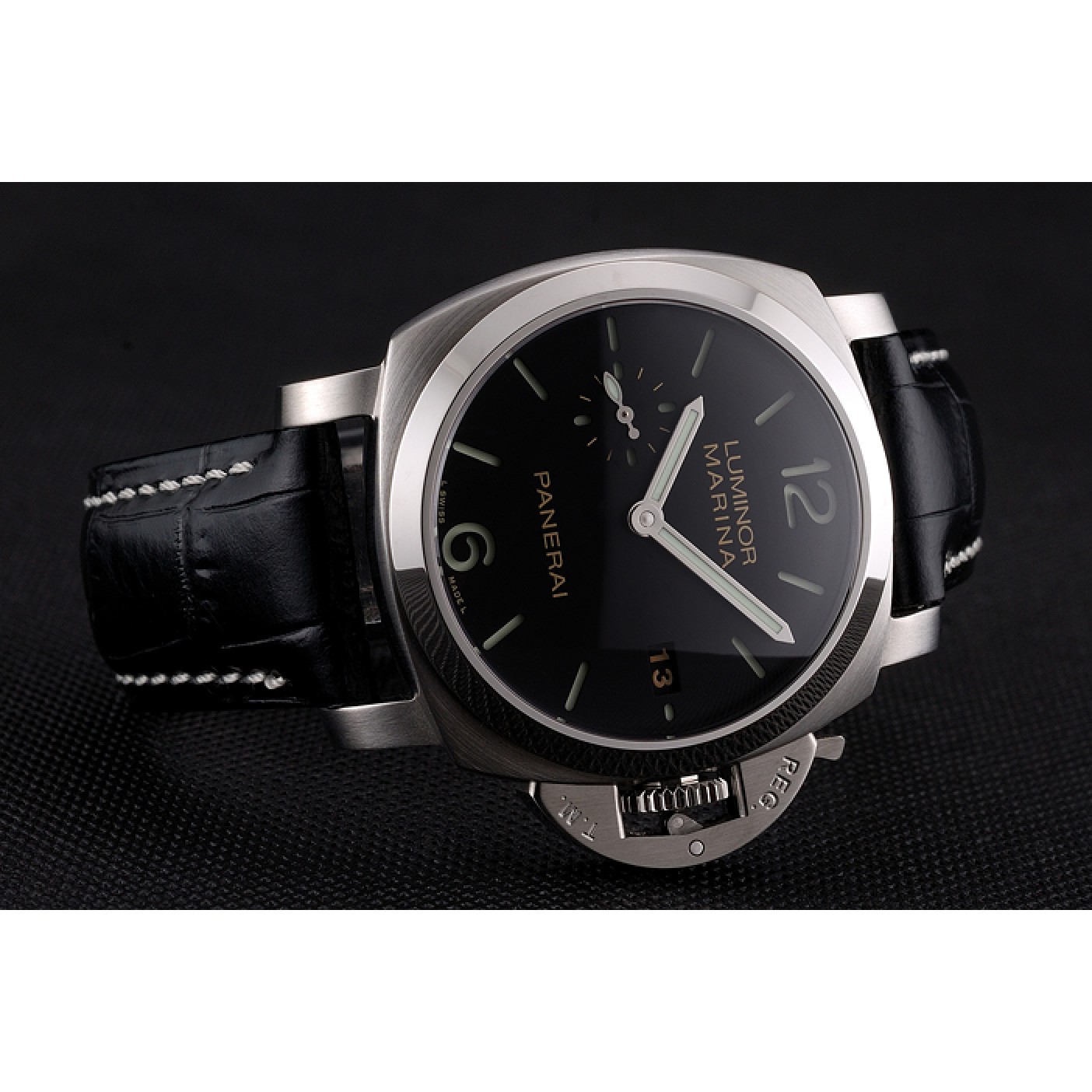 Swiss Panerai Luminor Marina Date Black Dial Stainless Steel Case Black Leather Strap