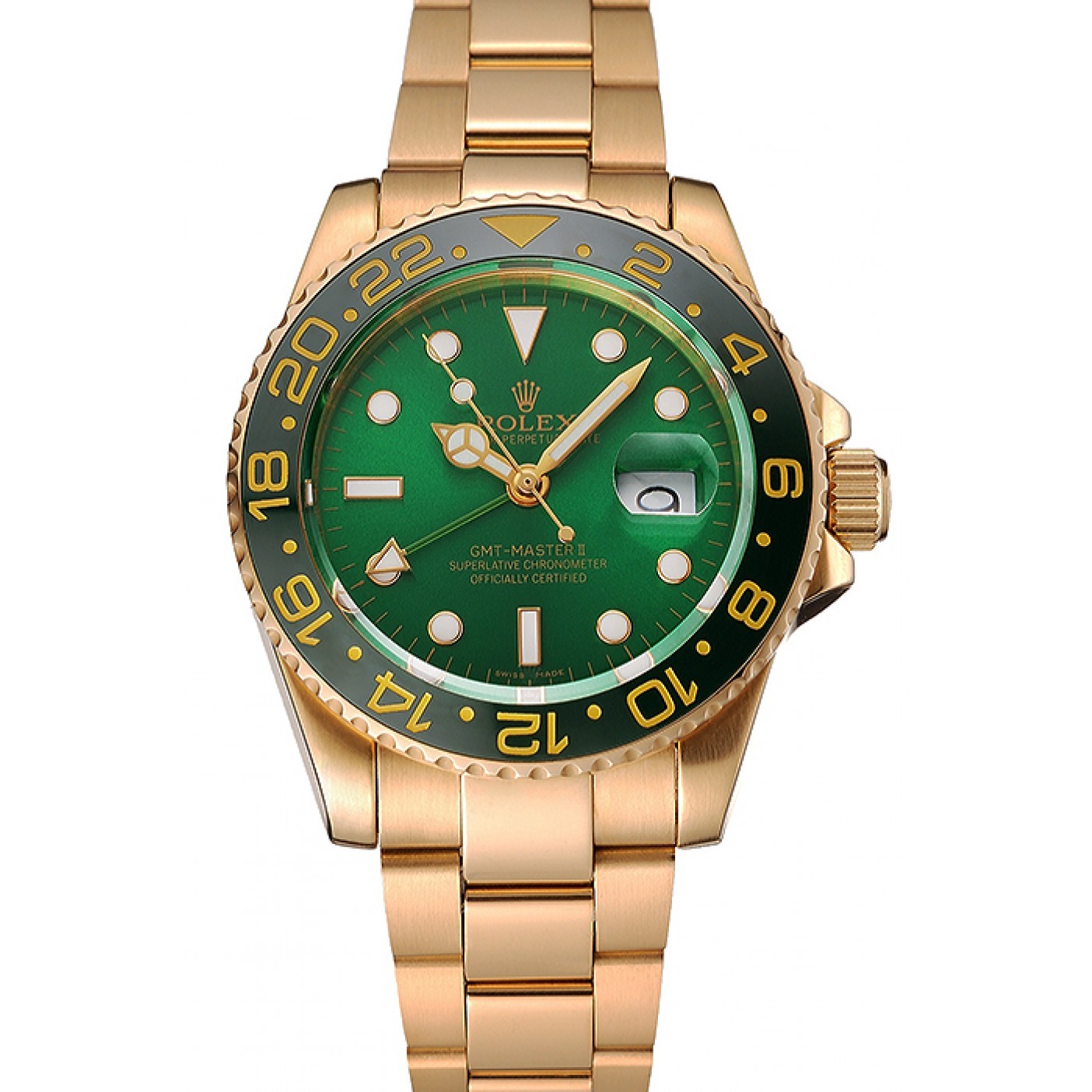 Swiss Rolex GMT Master II Green Dial And Bezel Gold Case And Bracelet 1453750