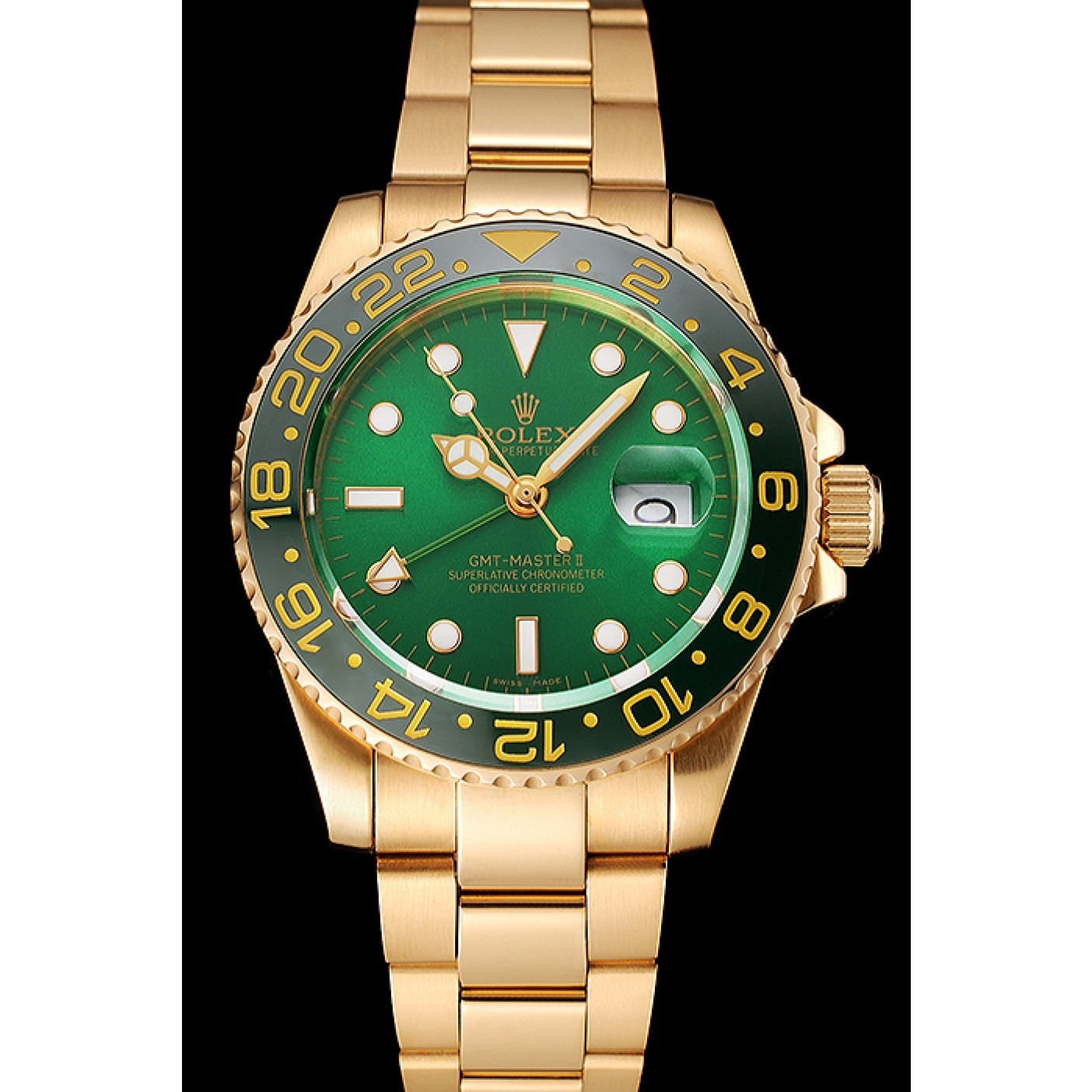 RepTime Watches Swiss Rolex GMT Master II Green Dial And Bezel Gold Case And Bracelet 1453750