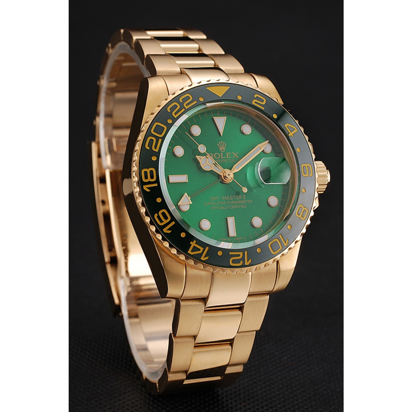 RepTime Watches Swiss Rolex GMT Master II Green Dial And Bezel Gold Case And Bracelet 1453750