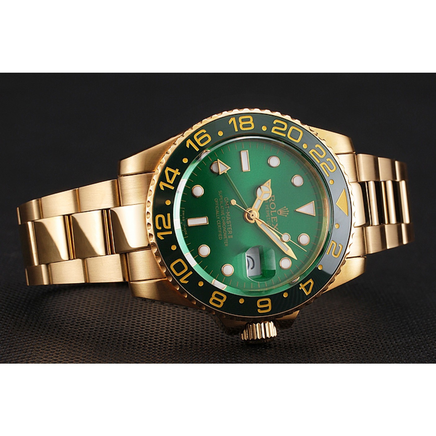 RepTime Watches Swiss Rolex GMT Master II Green Dial And Bezel Gold Case And Bracelet 1453750