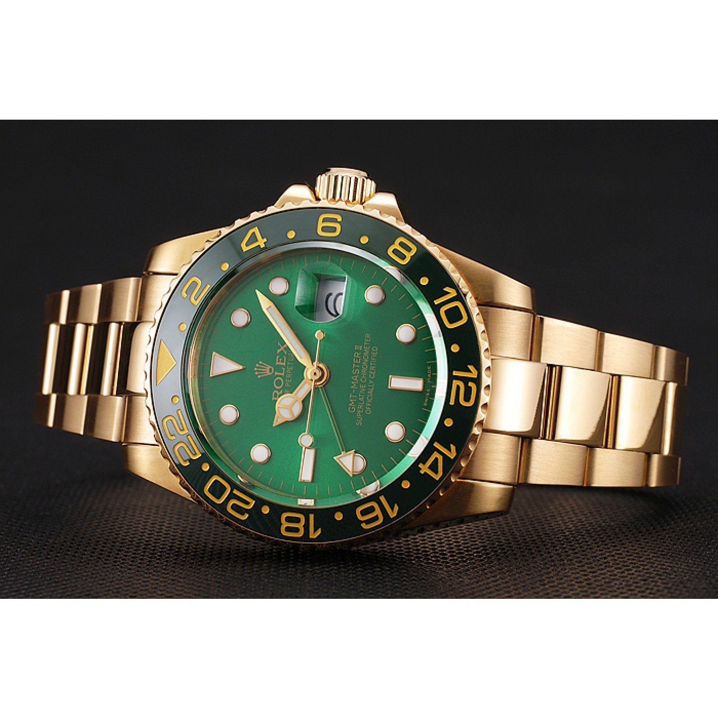 Swiss Rolex GMT Master II Green Dial And Bezel Gold Case And Bracelet 1453750