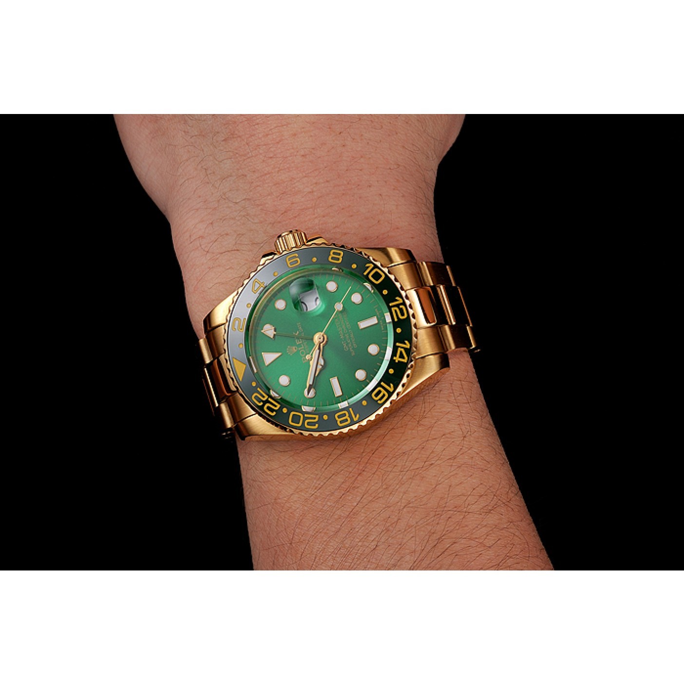 Swiss Rolex GMT Master II Green Dial And Bezel Gold Case And Bracelet 1453750