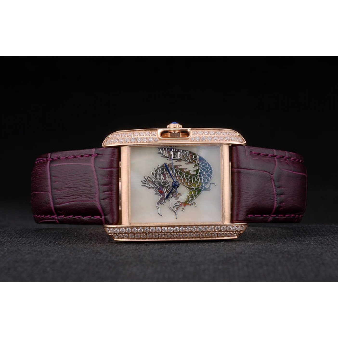 Cartier Tank Anglaise White Dragon Dial Diamonds Gold Case Purple Leather Bracelet