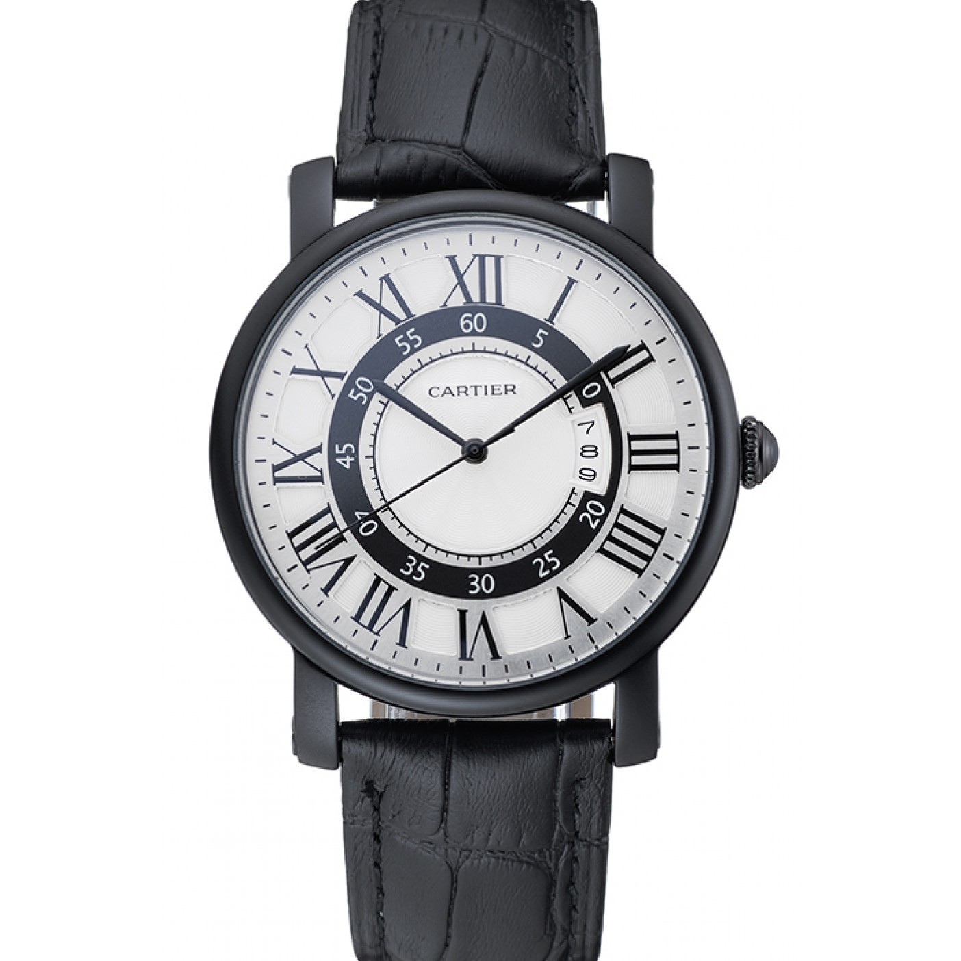 Cartier Rotonde White And Black Dial Black Case Black Leather Bracelet 1454219