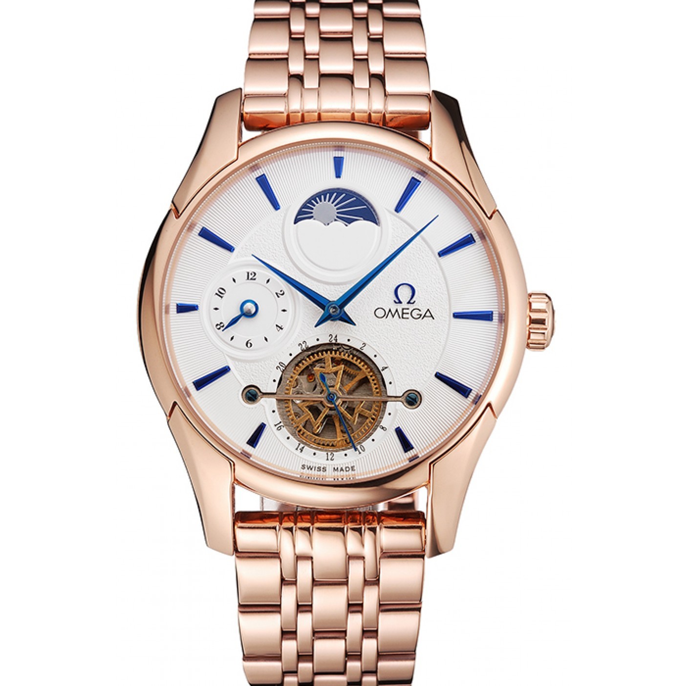 Omega De Ville Moonphase Tourbillon White Dial Blue Hands Rose Gold Case And Bracelet