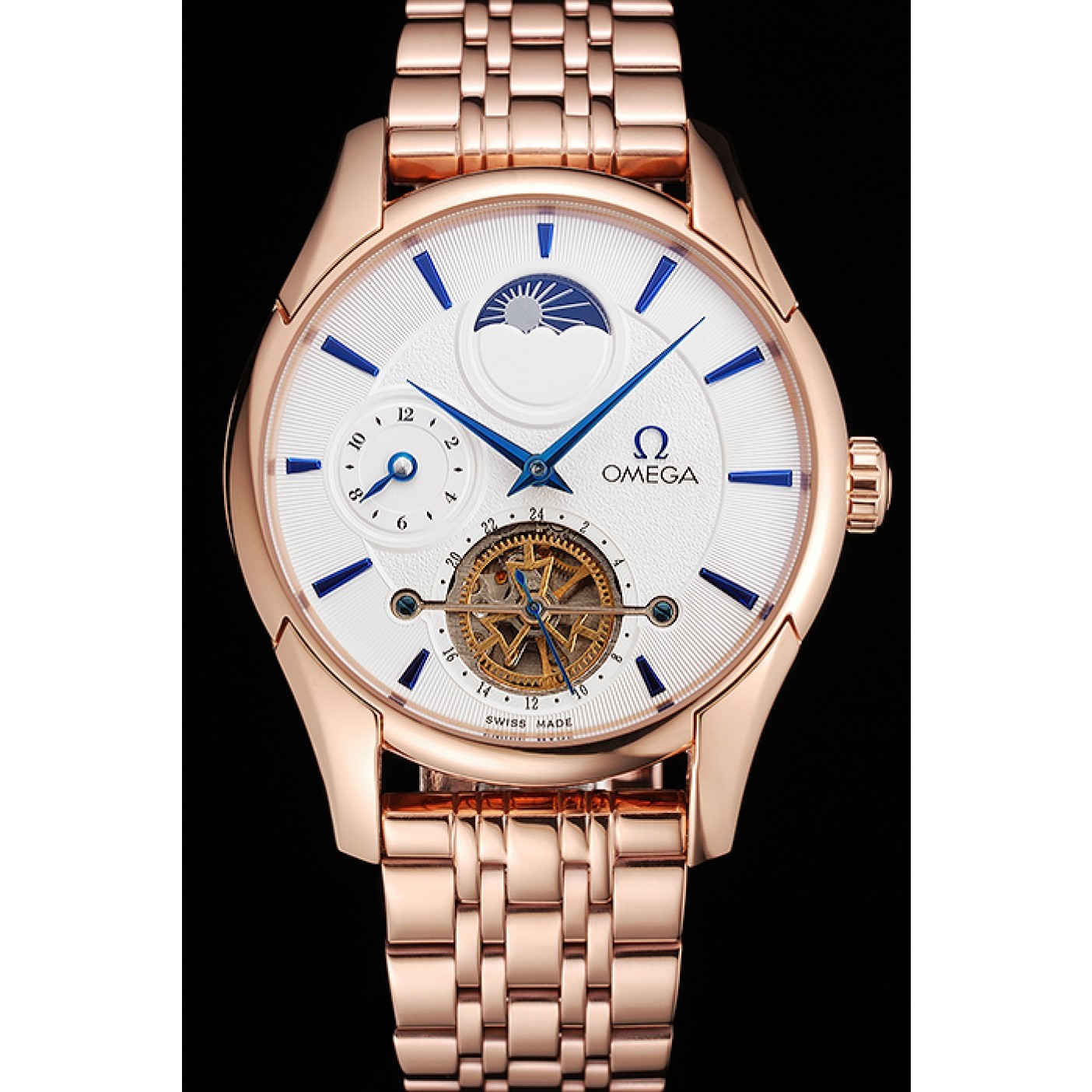 Omega De Ville Moonphase Tourbillon White Dial Blue Hands Rose Gold Case And Bracelet