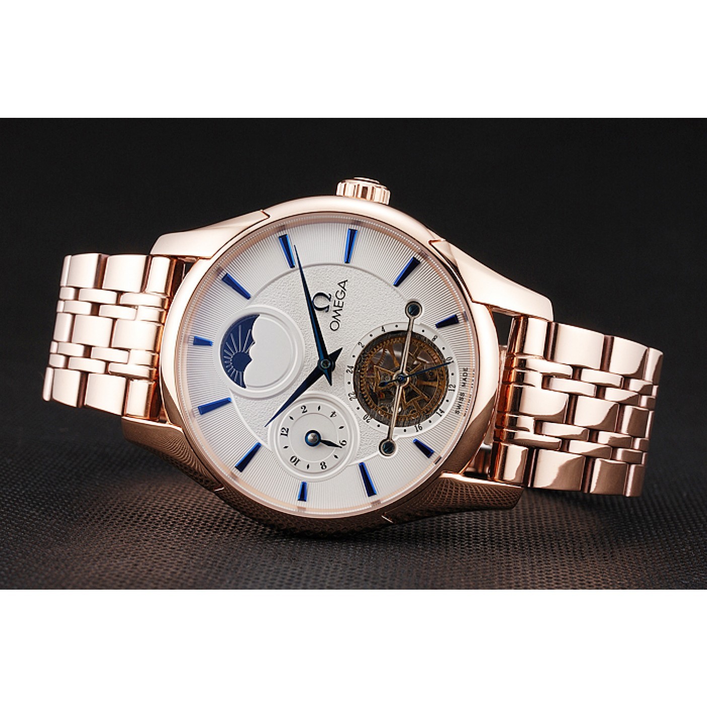 Omega De Ville Moonphase Tourbillon White Dial Blue Hands Rose Gold Case And Bracelet