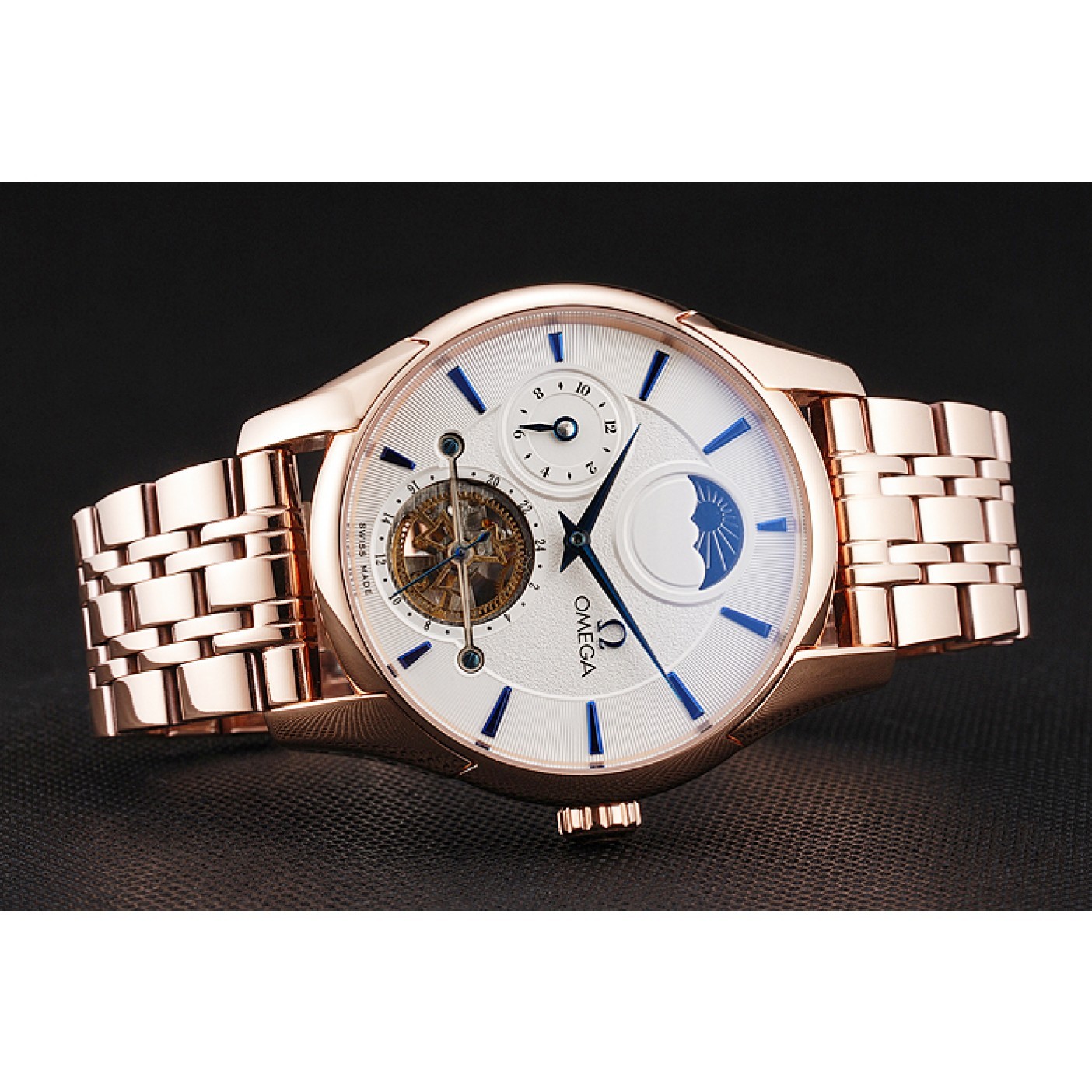 Omega De Ville Moonphase Tourbillon White Dial Blue Hands Rose Gold Case And Bracelet