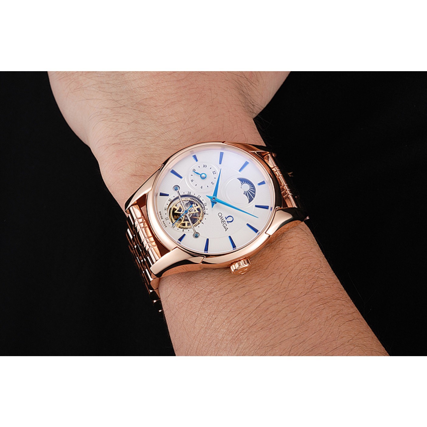 Omega De Ville Moonphase Tourbillon White Dial Blue Hands Rose Gold Case And Bracelet