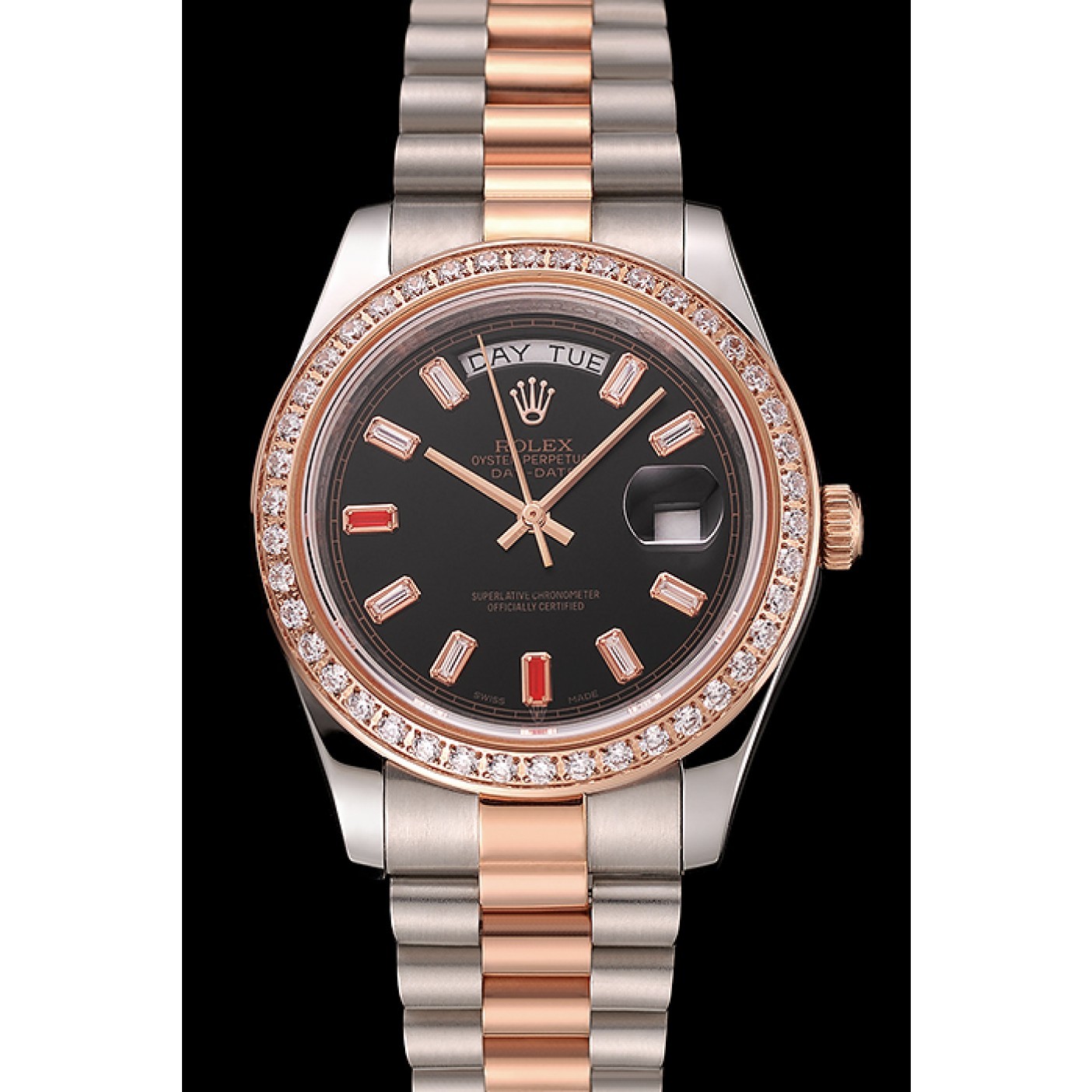 Swiss Rolex Day-Date Diamonds And Rubies Black Dial Rose Gold And Staineless Steel Bracelet 1454106